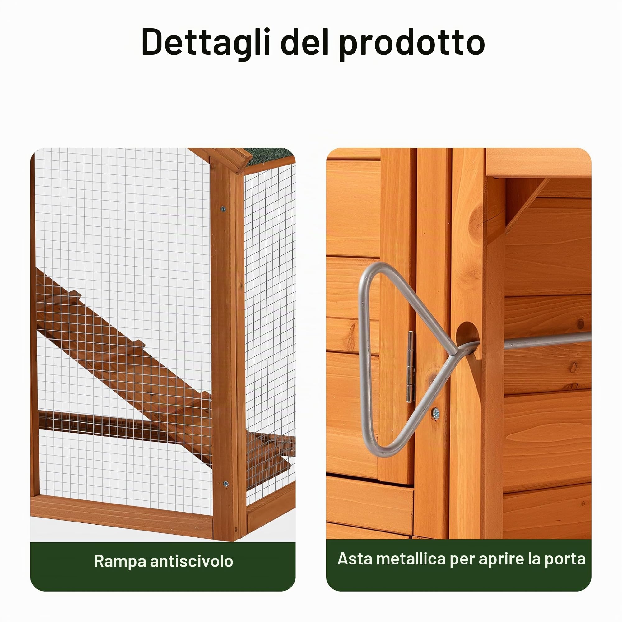 Pollaio con spazio esterno e nido, in abete, 1720x660x1200mm, griglia e vasca galvanizzate
