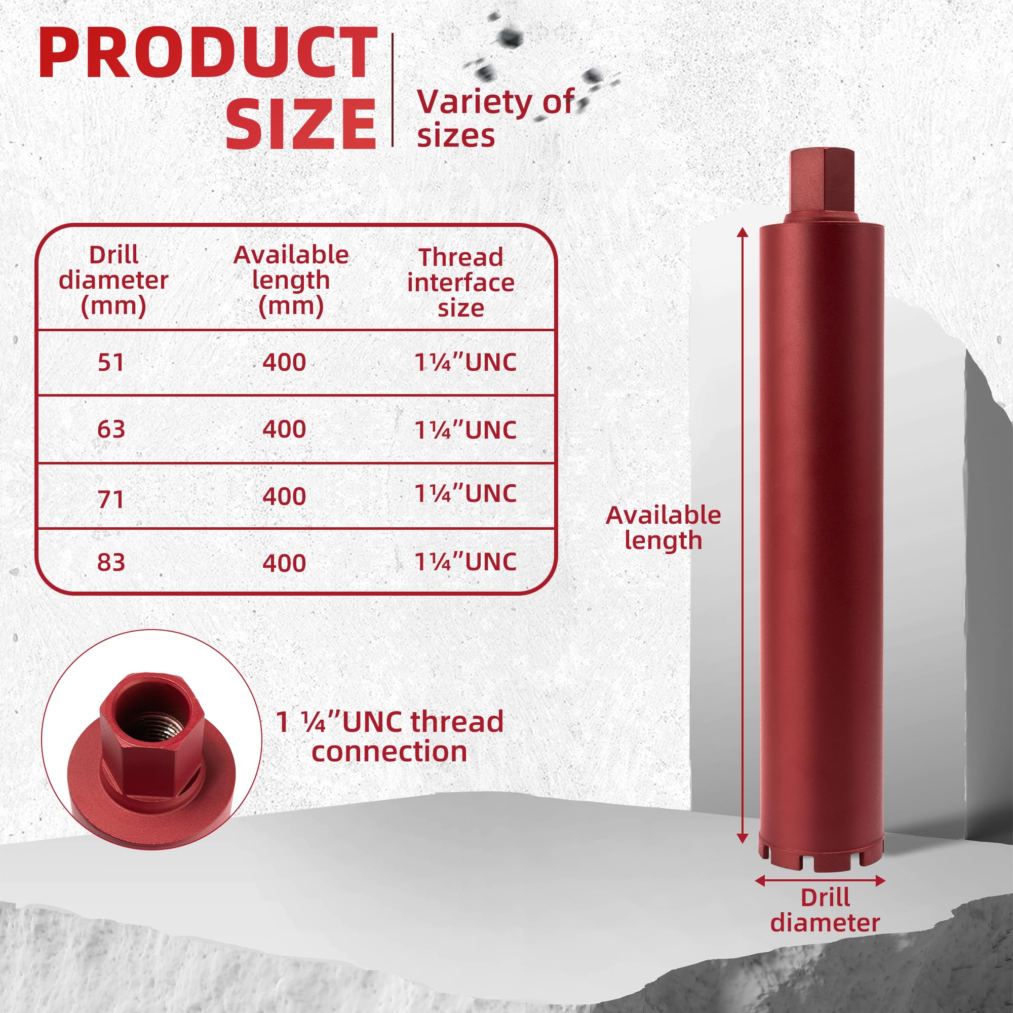 Couronne de Forage Diamantée Ø83 mm,1 ¼" UNC,Longueur Disponible 400 mm,Scie Cloche Diamant avec Segments Soudés au Laser,Foret Diamant pour Carotteuse pour Béton,Maçonnerie,Granit,Pierre