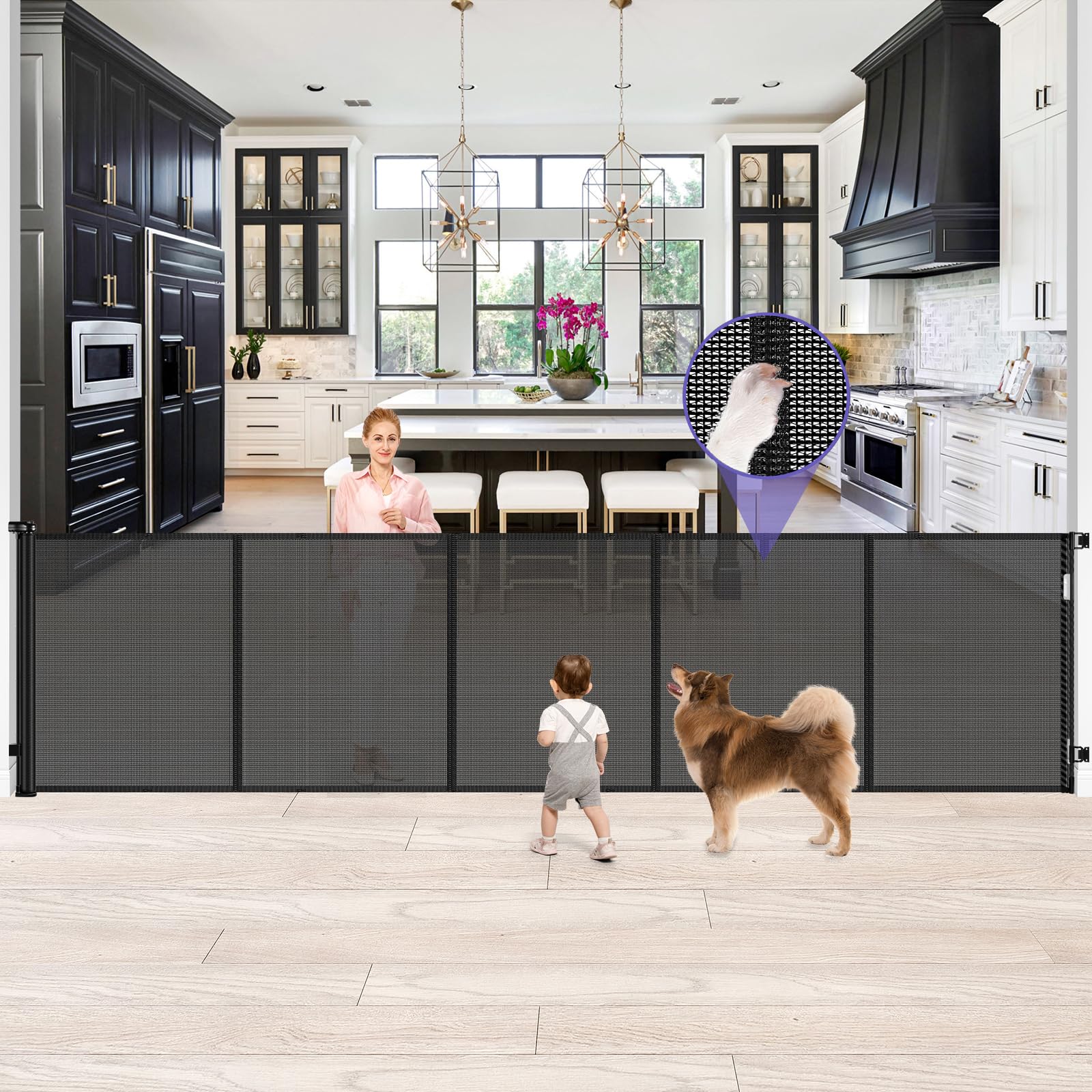 Photo 1 of 42 Inch Extra Tall Baby Gate 120 Inch Extra Wide Retractable Baby Gates for Large Openings, Upgraded Retractable Gate Keeps Pets from Getting Under Tall Pet Gate, Indoor/Outdoor Long Dog Gate