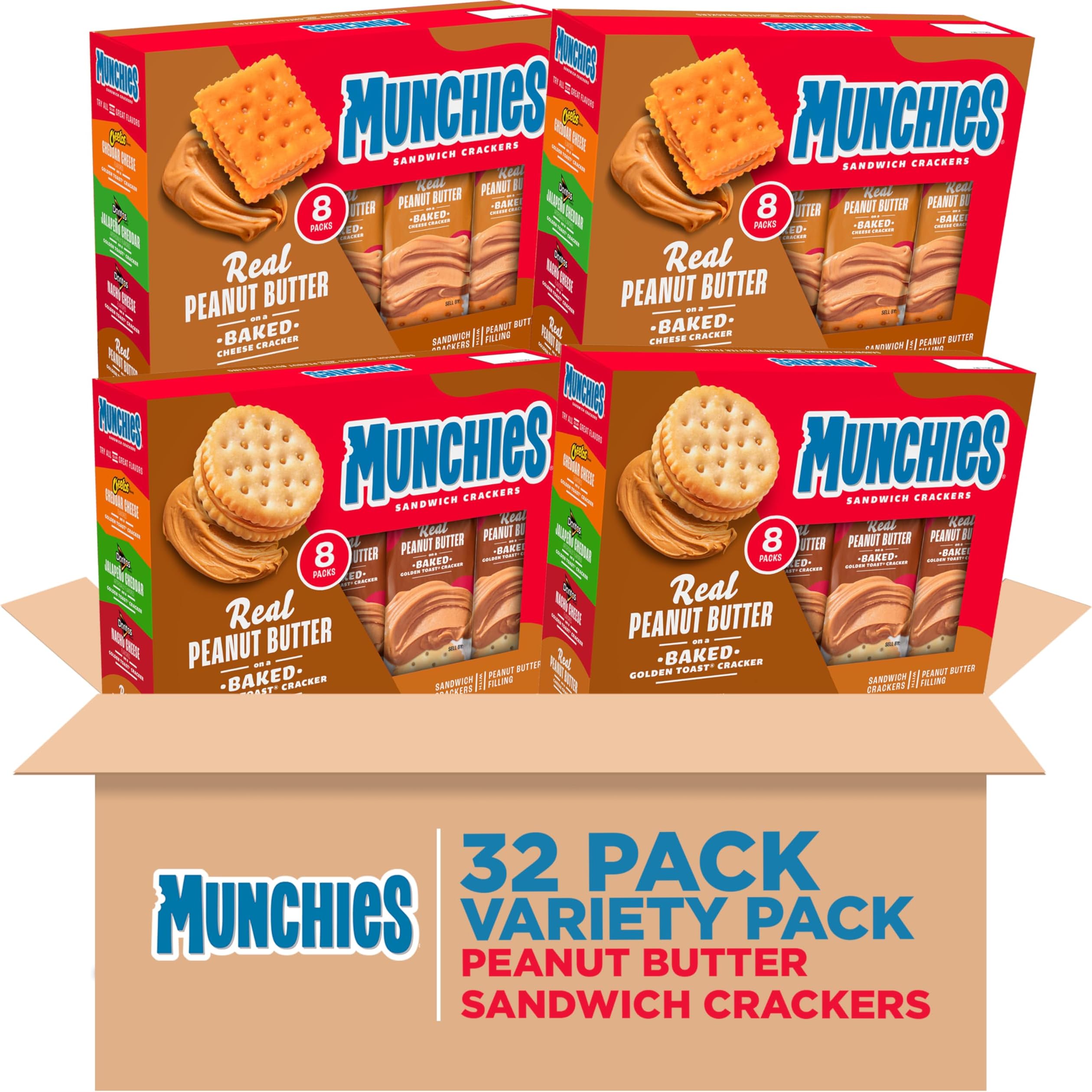 Sandwich Crackers, Assorted Peanut Butter Variety Pack (Pack of 4, 32 count)