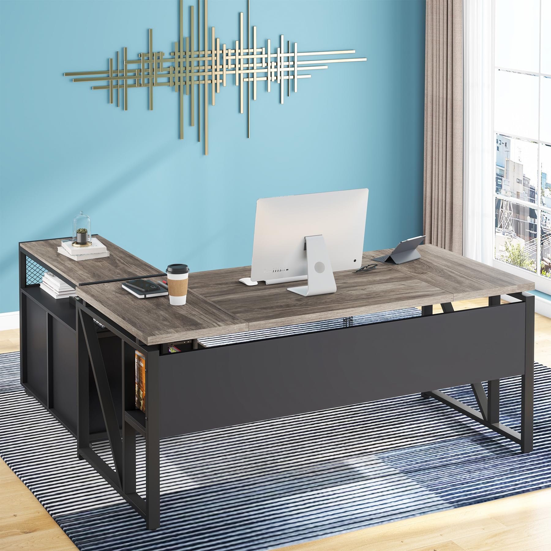 Tribesigns Office Desk with Drawers Sets, 55 inches L Shaped Computer Desk with Mobile File Cabinet,Big Executive Desk for Home Office Furniture Sets (Dark Oak, 55-inch)