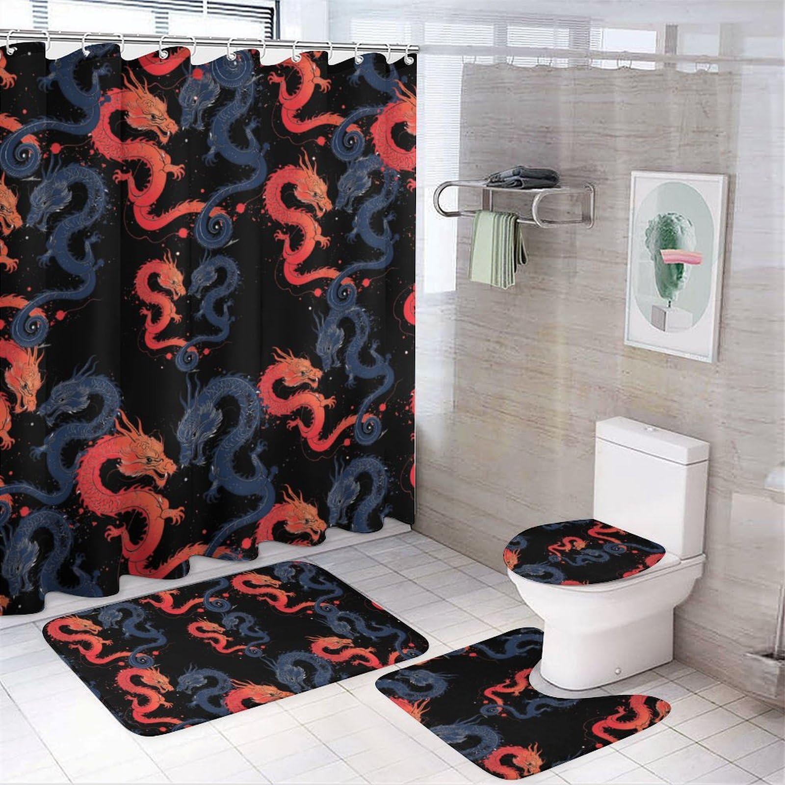 CGSBNGHA Ying And Yang Japanese Dragons Shower Curtain Set 4 Piece Bathroom Sets with Rugs Toilet Lid Cover And U-Shaped Floor Mat