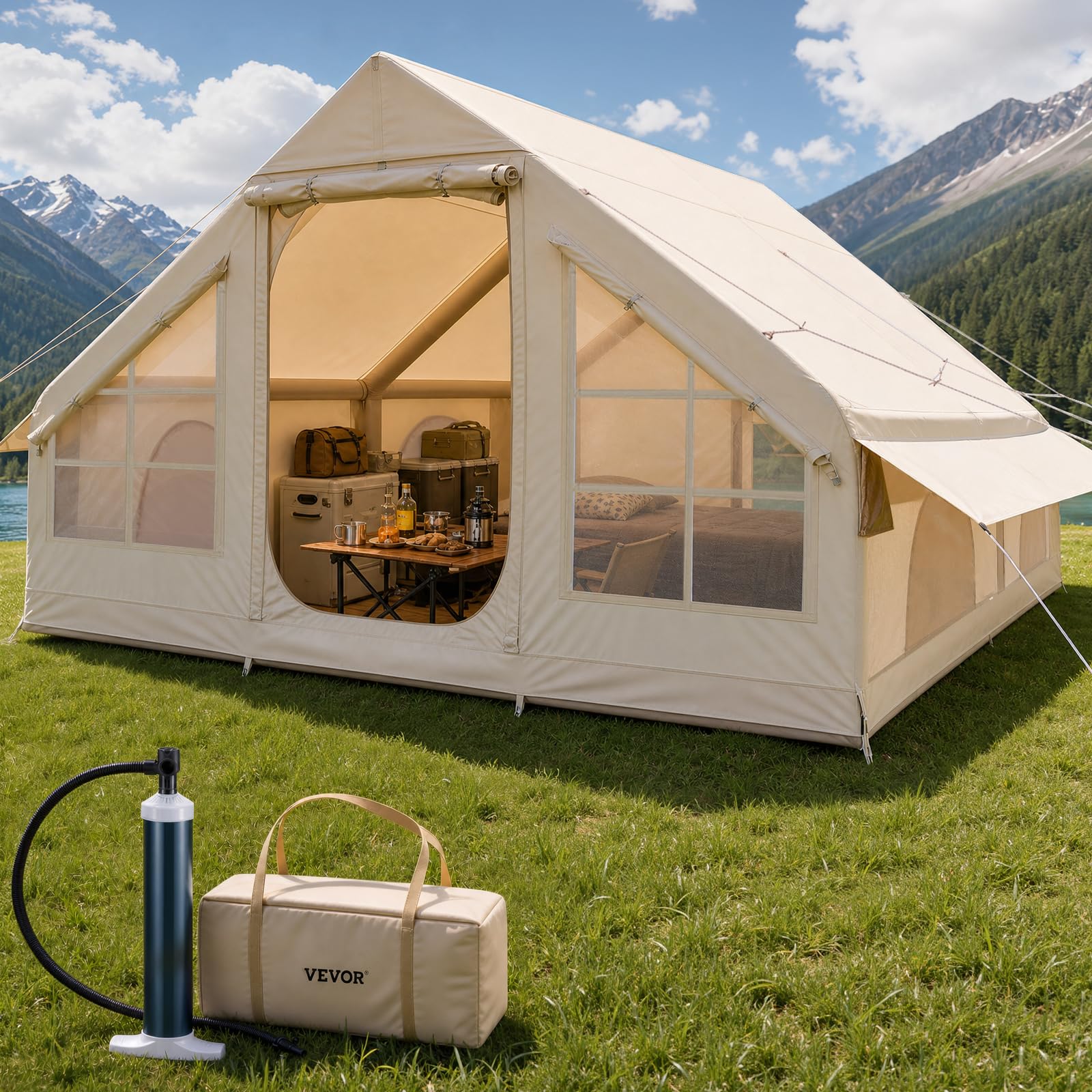 VEVOR Opblaasbare tent voor camping, opblaasbare tent voor 5-8 personen met handpomp, glampingtent 300D Oxford, 4 seizoenen, met ovenbus, 2 deuren en 4 netramen, opbergtas Sport & outdoor