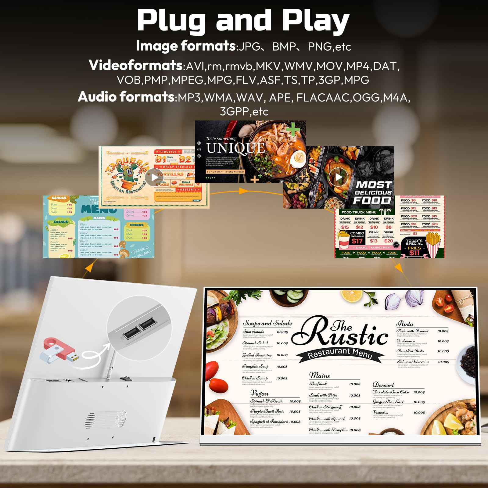 Cyfrowa tablica menu, 61 cm, monitor sklepu detalicznego HD Digital Signage, ekran reklamowy Android z CMS, elektroniczny wyświetlacz menu do sklepu z herbatą mleczną / restauracji