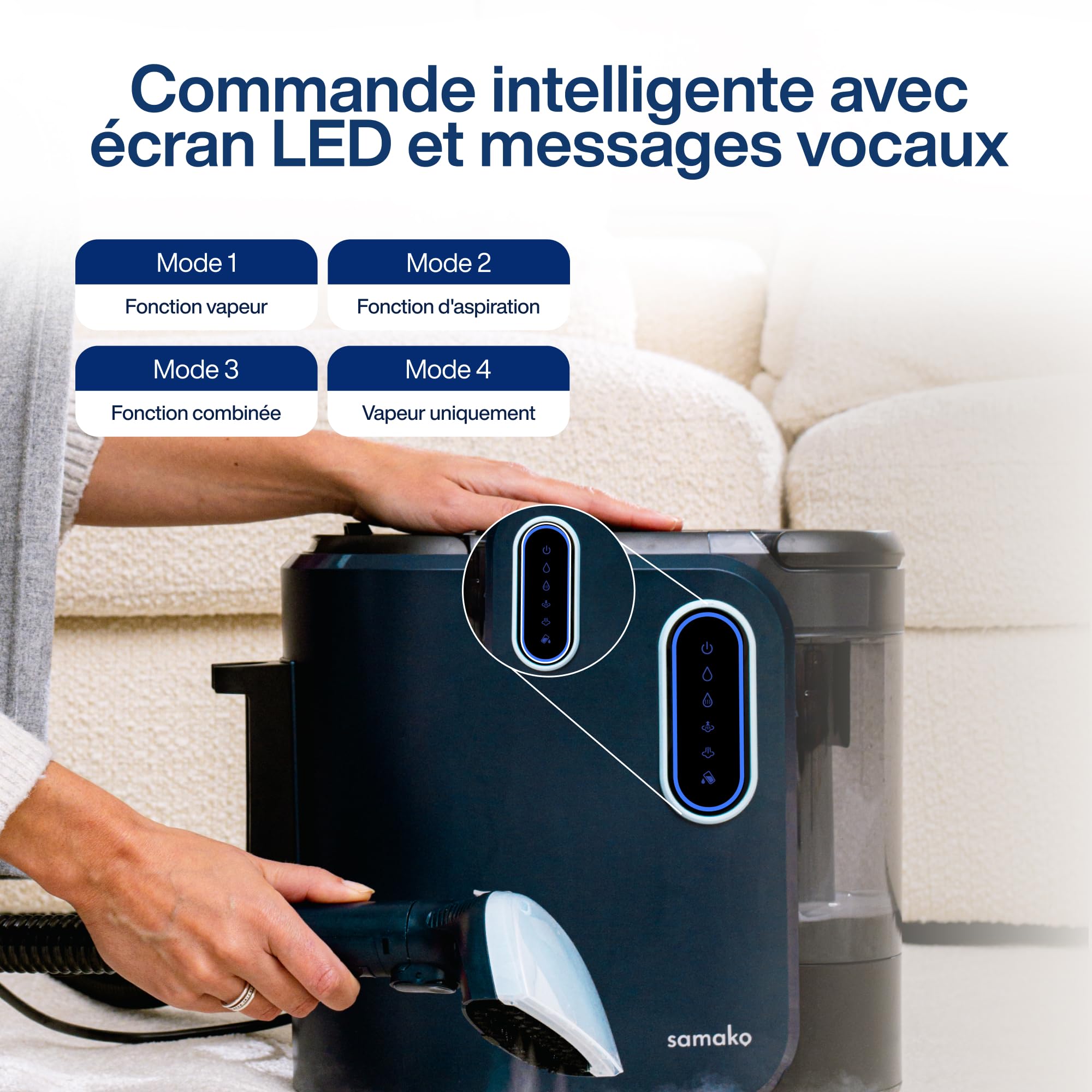 Samako PowerClean Pro Nettoyeur à vapeur pour tapis et tapis, filtre HEPA, grands réservoirs d'eau, 8 embouts, nettoyant pour coussins et canapés, bleu