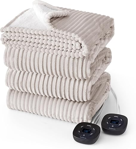 Bedsure Manta térmica eléctrica individual  franela suave acanalada, manta eléctrica de calentamiento rápido con 6 niveles de calefacción y 10