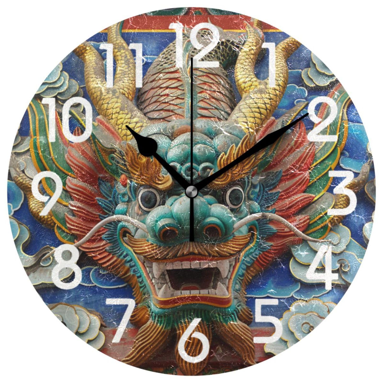ZzWwR Pretty Chinese Dragon Round Wall Clock, 10 Inch Analog Quiet Non Ticking Desk Clock for Home Kitchen/Living Room/Bedroom/Bathroom/Office