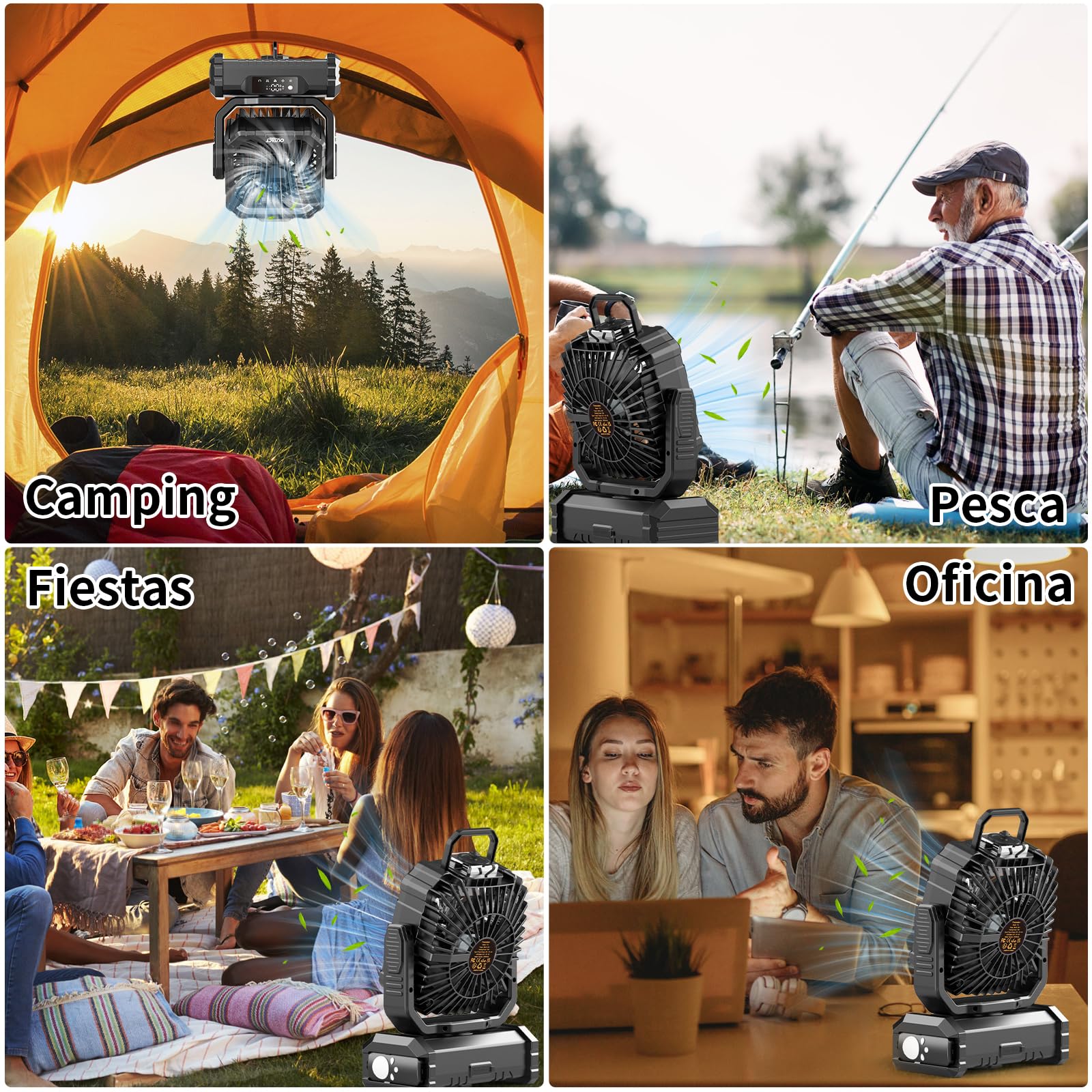 Ventilador Camping Recargable de LED: 20000mAh Ventilador Portátil USB Silencioso con Nebulizador, Oscilación Ventilador Batería para Tienda, Caravana, Supervivencia, Oficina, Exterior - Negro
