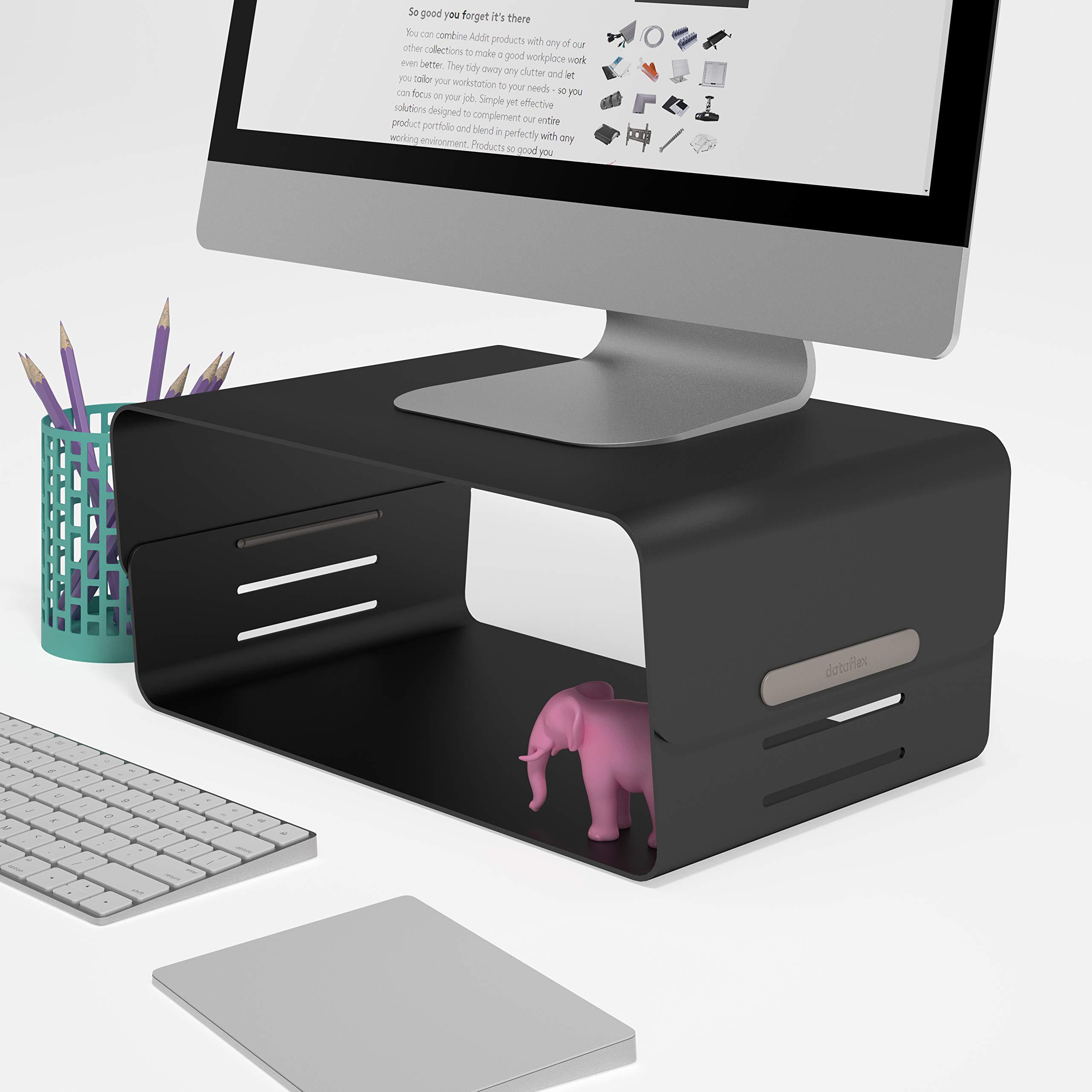 Dataflex Bento® Rialzo Monitor - Regolabile 123 Nero - Supporto per monitor con 3 regolazioni in altezza, fino a 20 kg, robusto e privo di graffi, perfetto con la cassetta porta oggetti Bento®