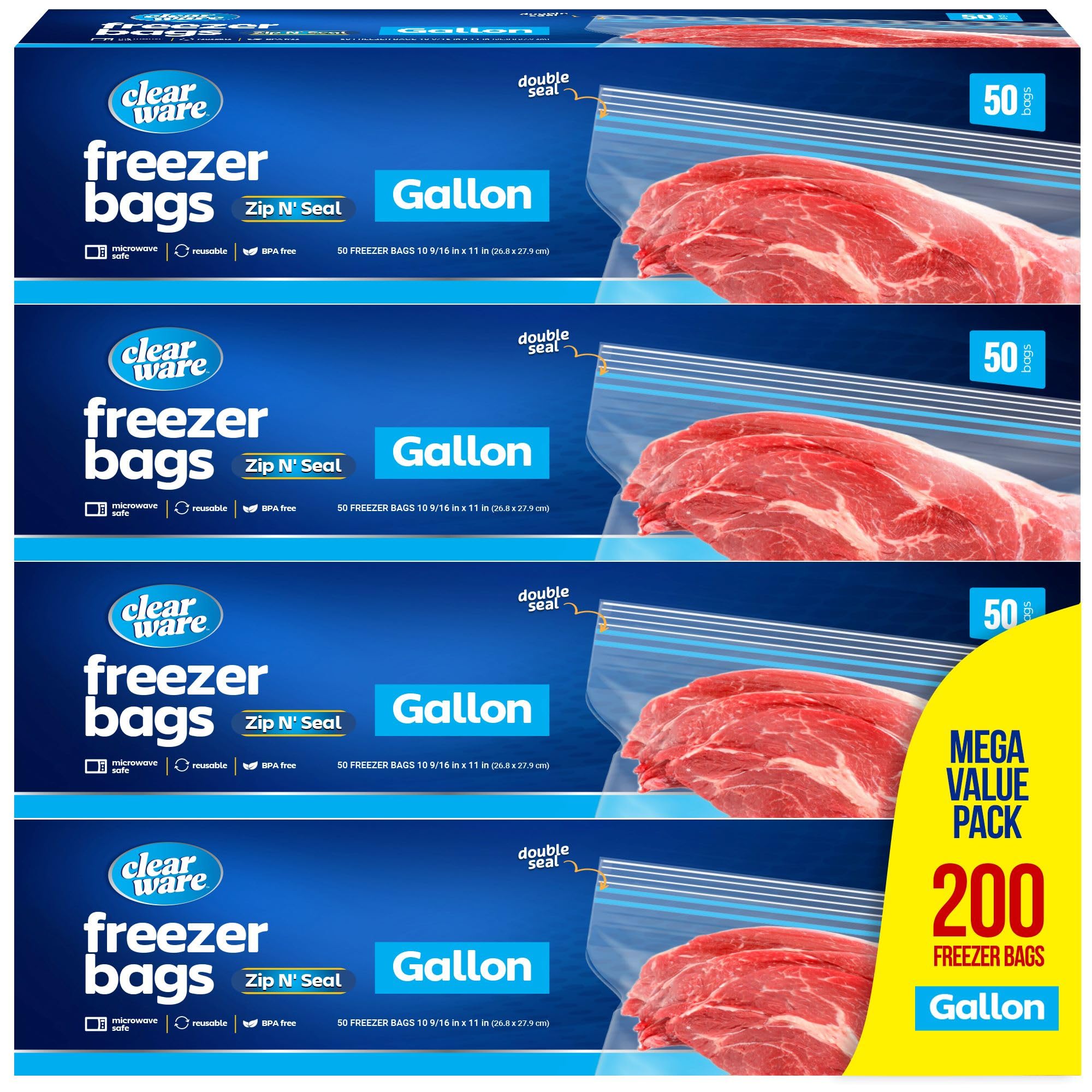 Gallon Freezer Bags, Double Zipper Seal - 200 Count, (4 Packs of 50) Thick Plastic Storage Bags - Reusable Gallon Storage Bags for Food Storage, Meat,