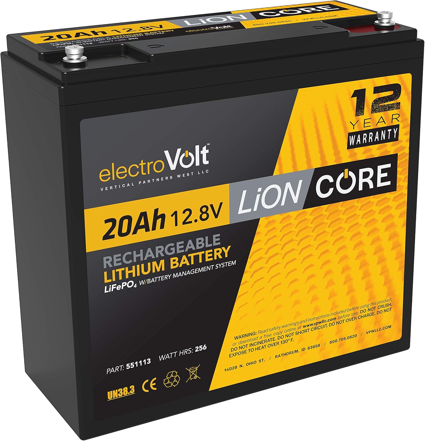 12V electroVOLT Rechargeable Lithium-Ion Battery - LiFePO4 Technology - Robust Deep Cycle Storage Battery - Integrated BMS (20 AH)