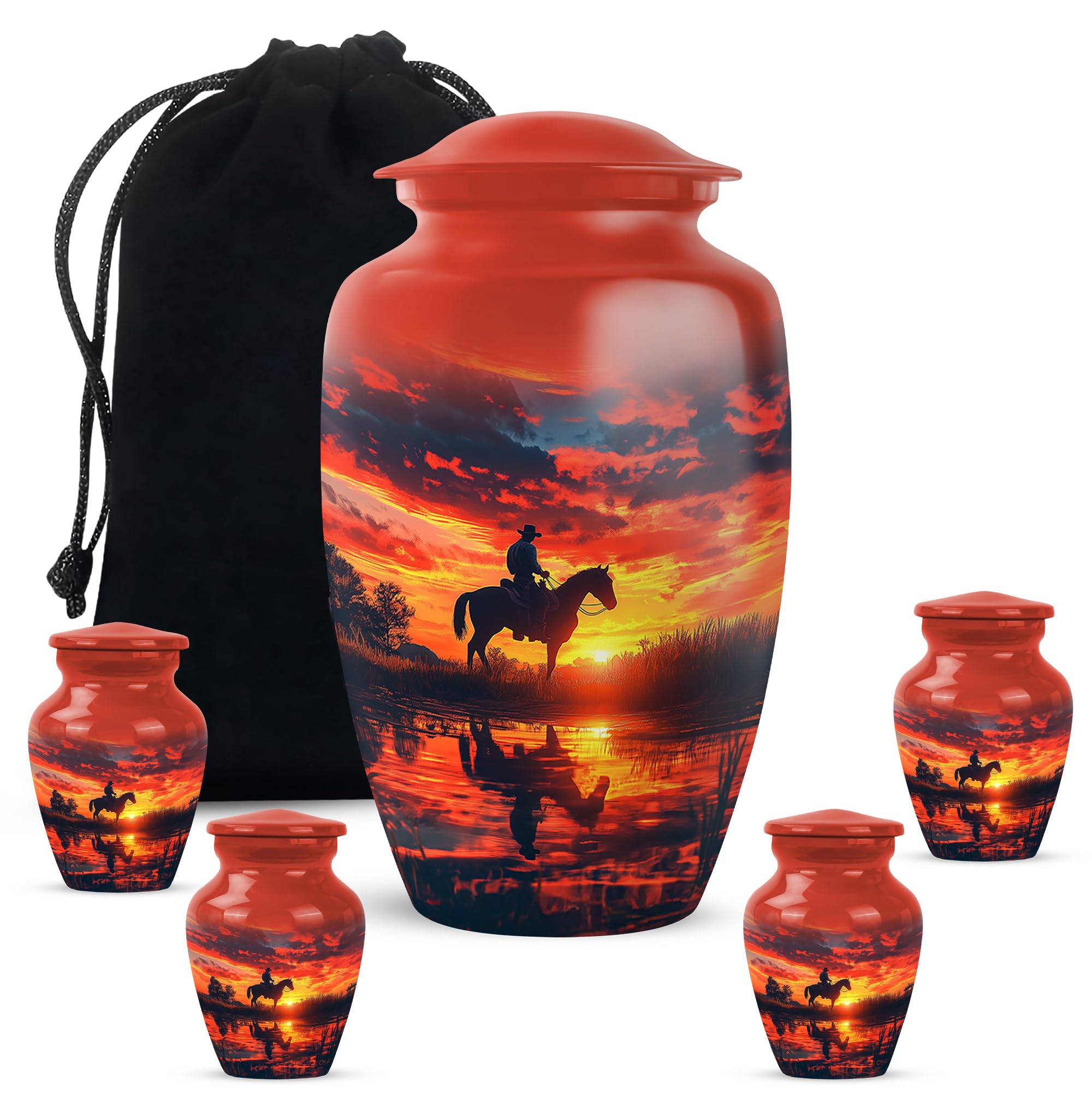Cowboy Urn - Large &amp; Small Urns for Ashes Adult Male - Unique Cremation Urns for Human Ashes - Companion Urns for 2 Adults - Memorial Ash Containers - 10" &amp; 3" Pack of 5