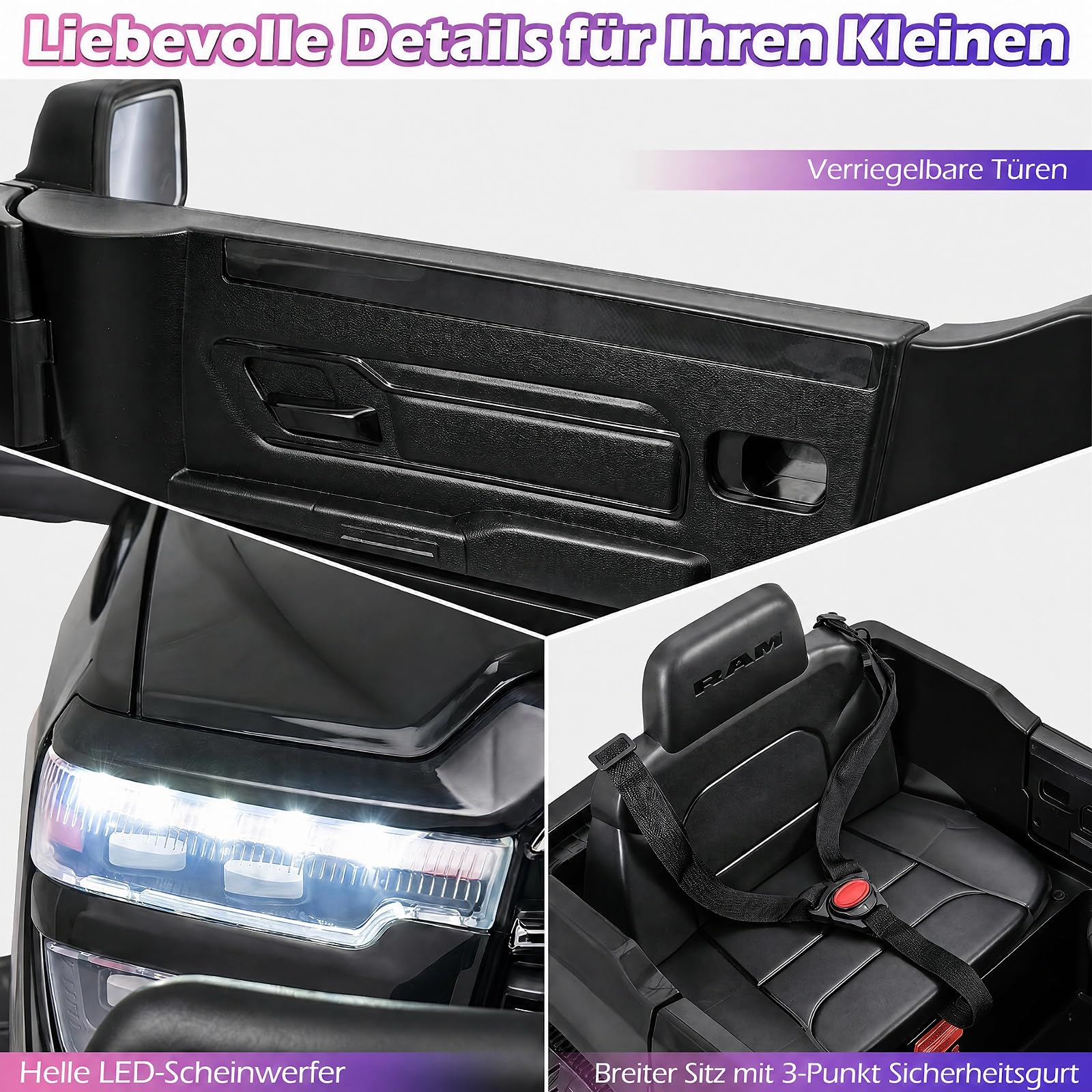 COSTWAY 12V Kinder Elektroauto, Kinderauto RAM für ab 3 Jahren (Schwarz) | Mit 2,4G-Fernbedienung, Musik, Hupe & helle Scheinwerfer, 3-Punkt-Gurt und verriegelbare Türen, bis zu 30 kg belastbar