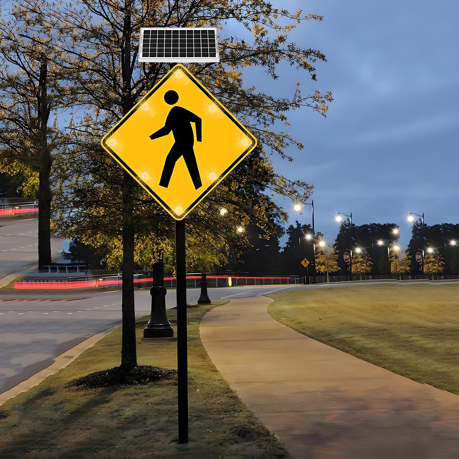 Señal LED solar de cruce de peatones, señal de advertencia de tráfico parpadeante, señal de carretera de aluminio con película reflectante de grado de ingeniería, funciona con energía solar para mayor