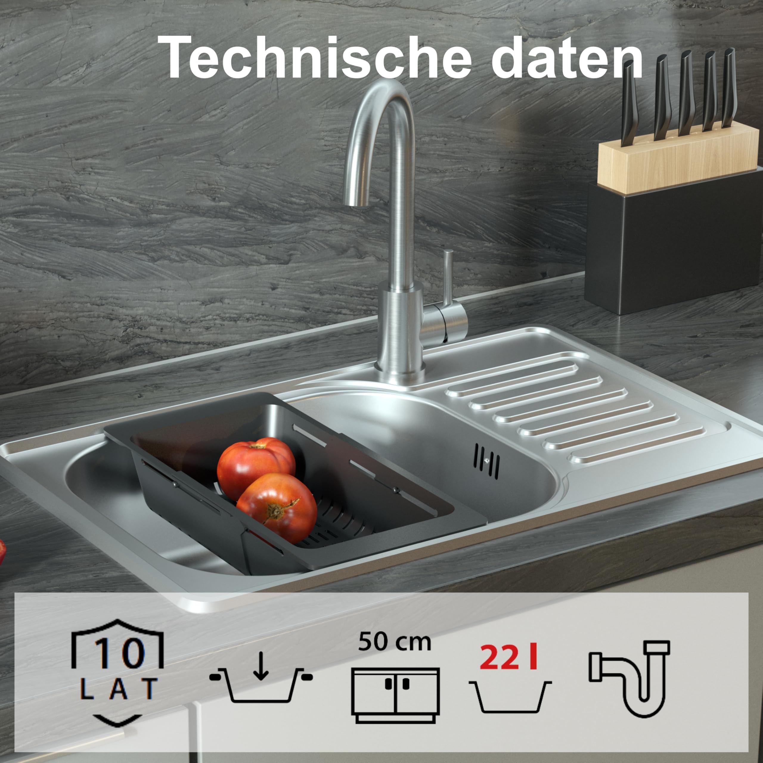 QUADRON Moderne Spüle Einbeckenspüle Edelstahl | Größe 50 cm Farbe: Flachs | EDDIE Einzelbecken | Küchenspüle | Abfluss inklusive | Edelstahlspüle passt in einen Schrank von mindestens 50 cm