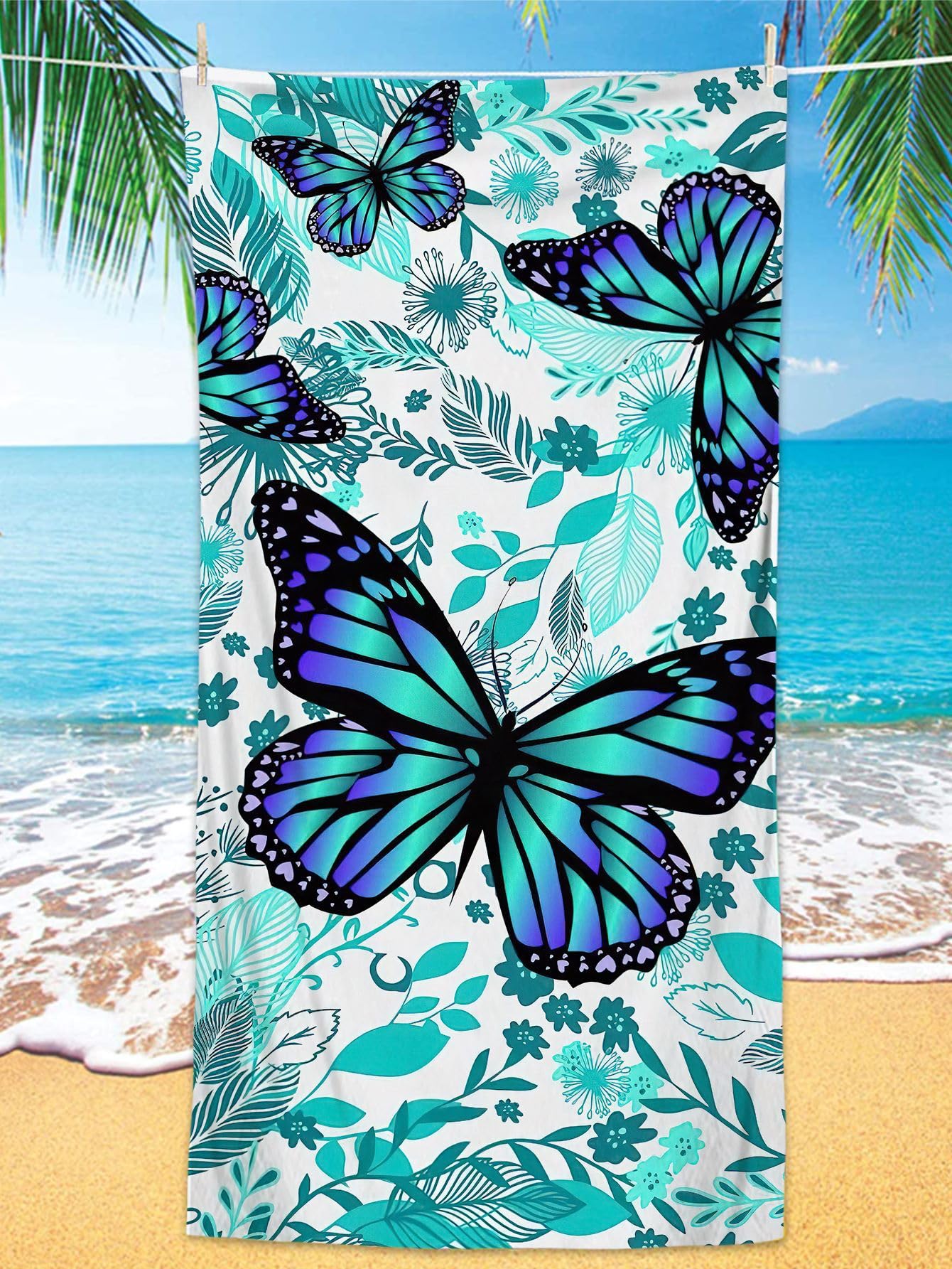 Telo mare con foglie verdi e farfalle, asciugamano in morbida microfibra per adulti e bambini, 100 x 200 cm, ideale per nuoto, viaggi, sport, palestra