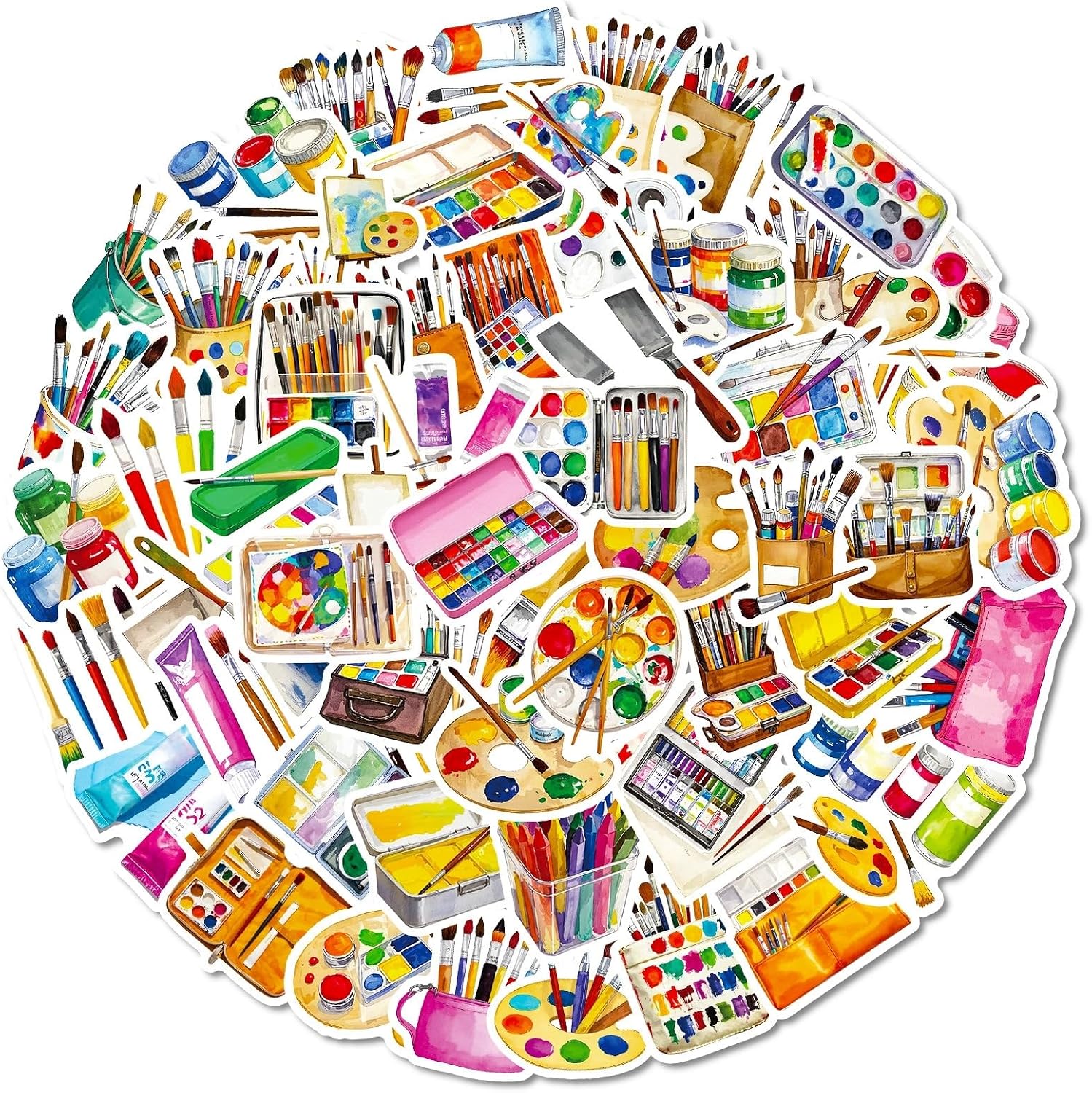 50Pcs Cute Watercolor Art Stickers,Waterproof Vinyl Aesthetic Painting Tool Stickers for Journaling,Laptop,Water Bottle,Planner, Scrapbook,Phone Case,Luggage,Skateboard,DIY Decor for Artists, Students image 2
