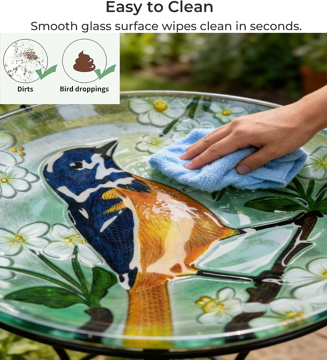 Large Bird Bath for Outside, 18" H Glass Bath Bowl with Metal Stand 28" H Standing Outdoor Birdbaths for Garden Yard Lawn Decor,Baltimore Oriole