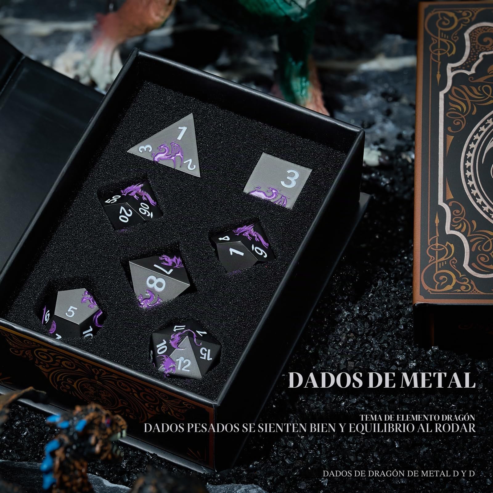 Juego de dados de metal D&D, dados poliédricos de 7 piezas, dragón, metálicos, para juego de mesa de Dungeons and Dragon, RPG (dragón negro y púrpura)