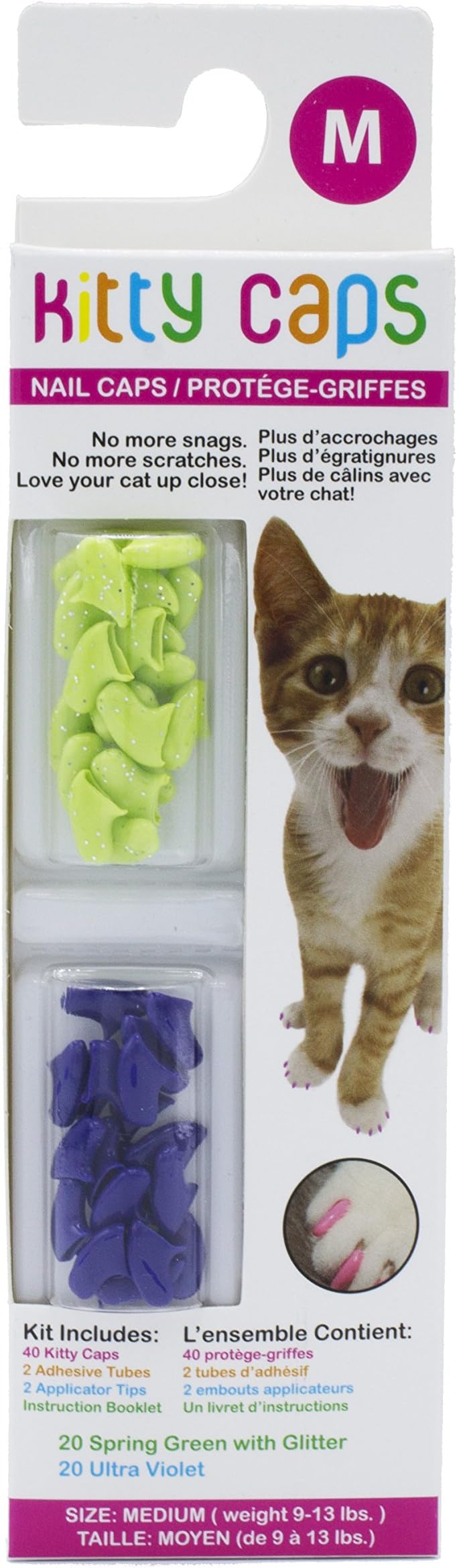 Kitty CapsNail Caps for Cats Safe, Stylish & Humane Alternative to Declawing Stops Snags and Scratches, Medium (9-13 lbs), Spring Green with Glitter & Ultra Violet (Pack of 1)