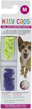 Kitty Caps Nail Caps for Cats Safe, Stylish & Humane Alternative to Declawing Stops Snags and Scratches, Medium 9-13 lbs, Spring Green with Glitter & Ultra Violet Pack of 1