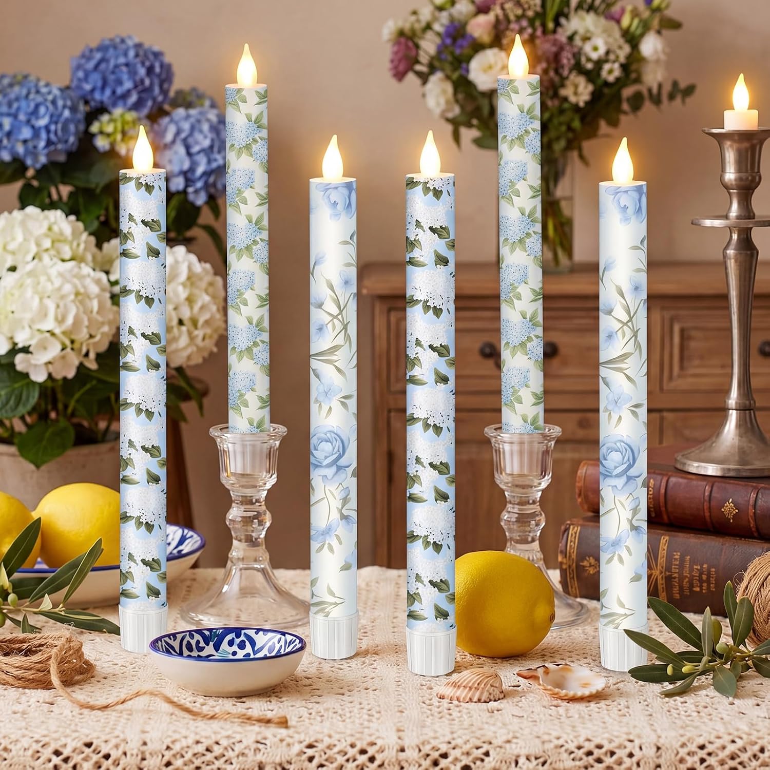Lyrow 6 Pcs Blue Floral Flameless Taper Candles 11" Hydrangea LED Rose