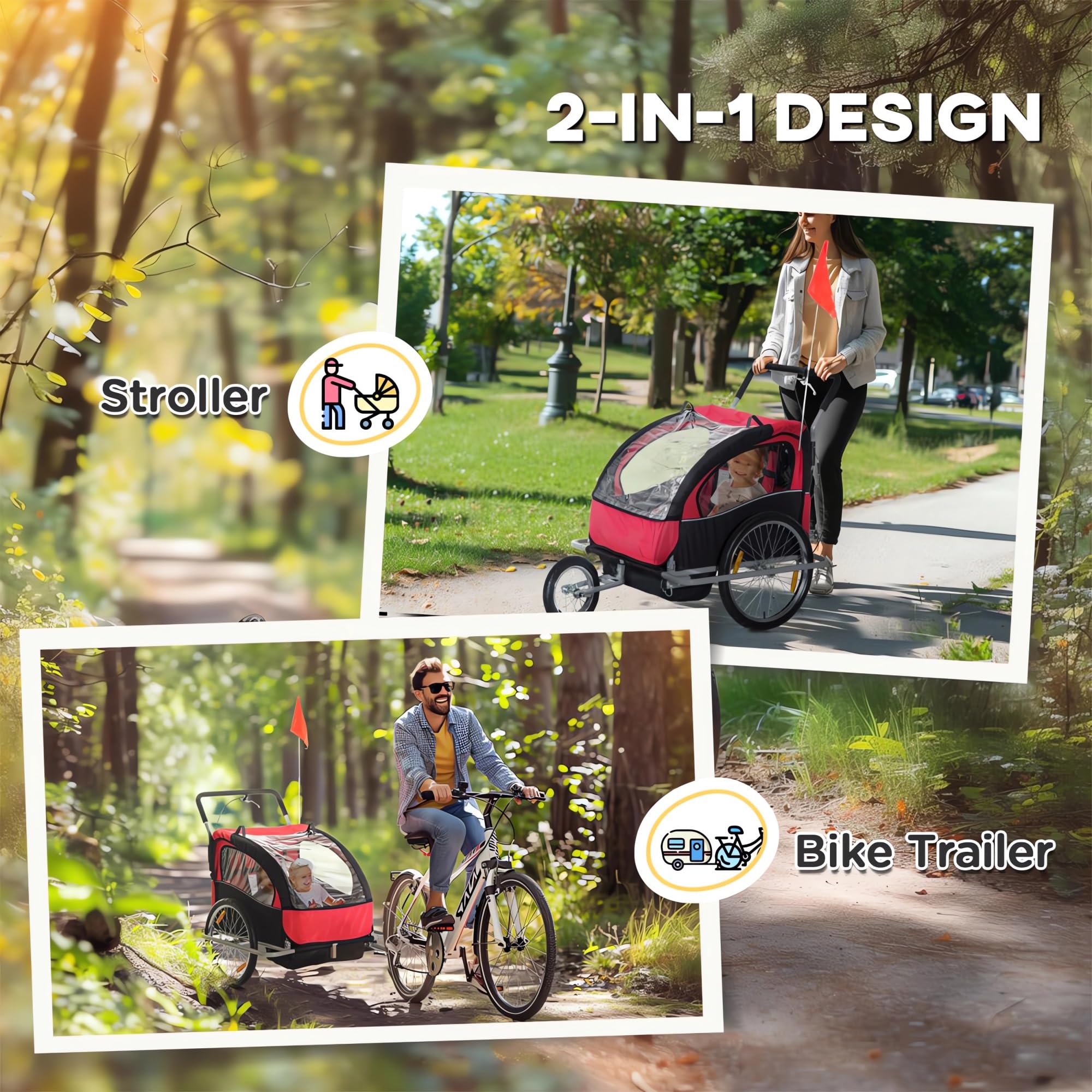 Rimorchio per Bicicletta per Bambini, 2 In 1, Tettuccio per Bambini, Schermi Anti-insetti e Anti-pioggia Arrotolabili, Rimorchio Pieghevole