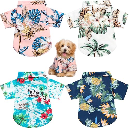 Miniatura 4 de 4 piezas de camisetas de verano para mascotas, estilo hawaiano, camisa floral para perro, camisetas hawaianas impresas para mascotas, ropa