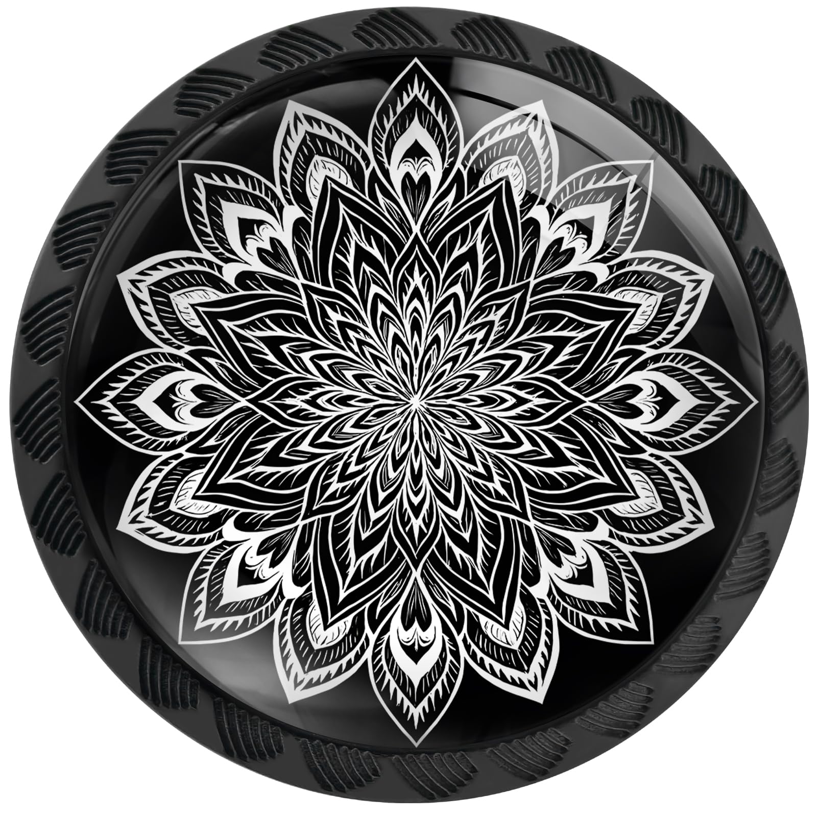 Artinhand 4er-Pack weiße Mandala-Blumen Schrankknäufe für Küchen Badezimmer | Boho Schubladengriffe runde schwarze Kommodenknöpfe Beschläge for Schrank Kleiderschrank Dekoration