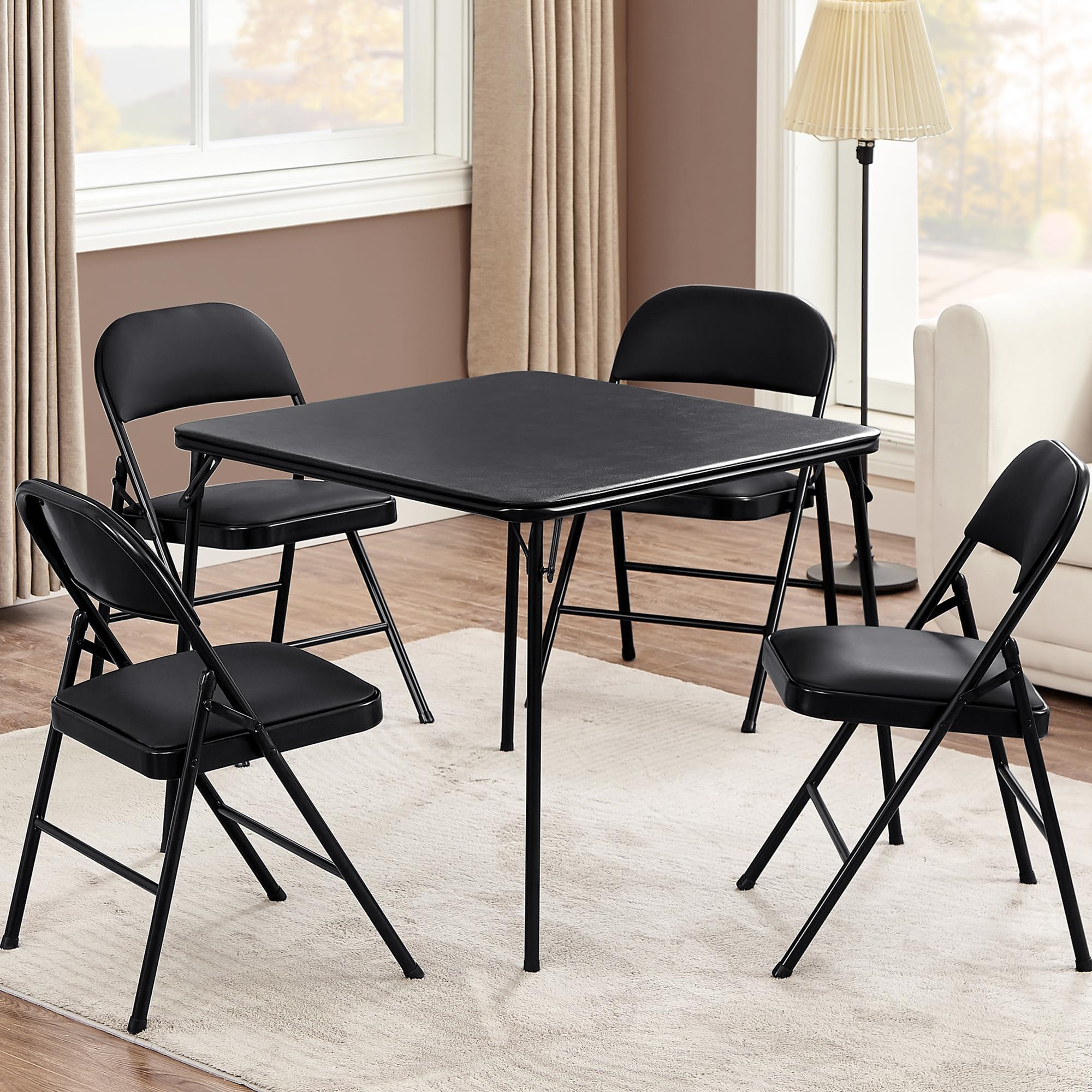 Portable Folding Card Table Square and Chair Set (5pc) with Collapsible Legs & Vinyl Upholstery, Metal, Black