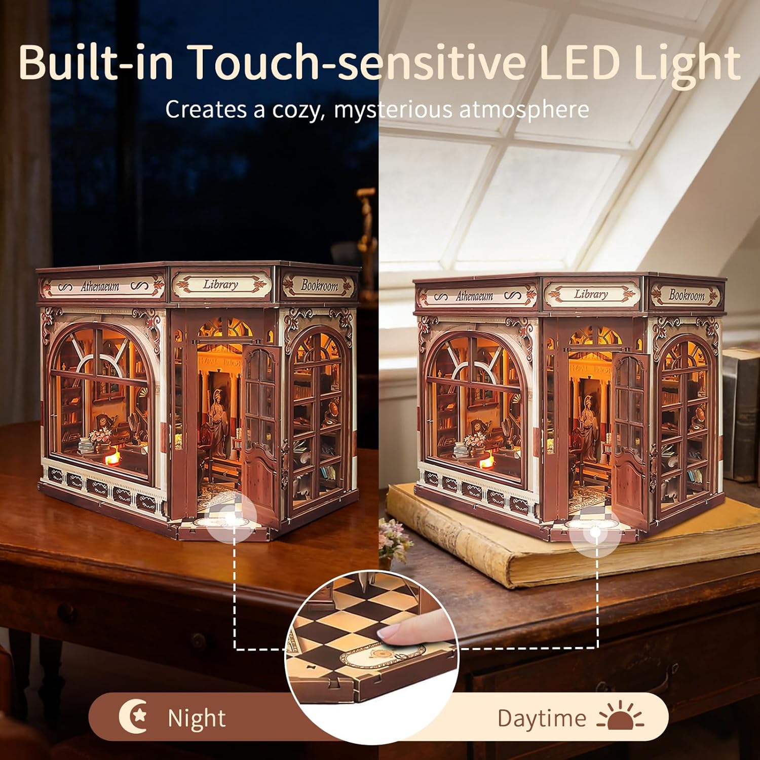 BELEEV Book Nook Kit - DIY Miniature Wooden Booknook with LED Lights, Openable Door 3D Puzzle Bookend Bookshelf Decor Gift for Adults Teens - Athena's Library