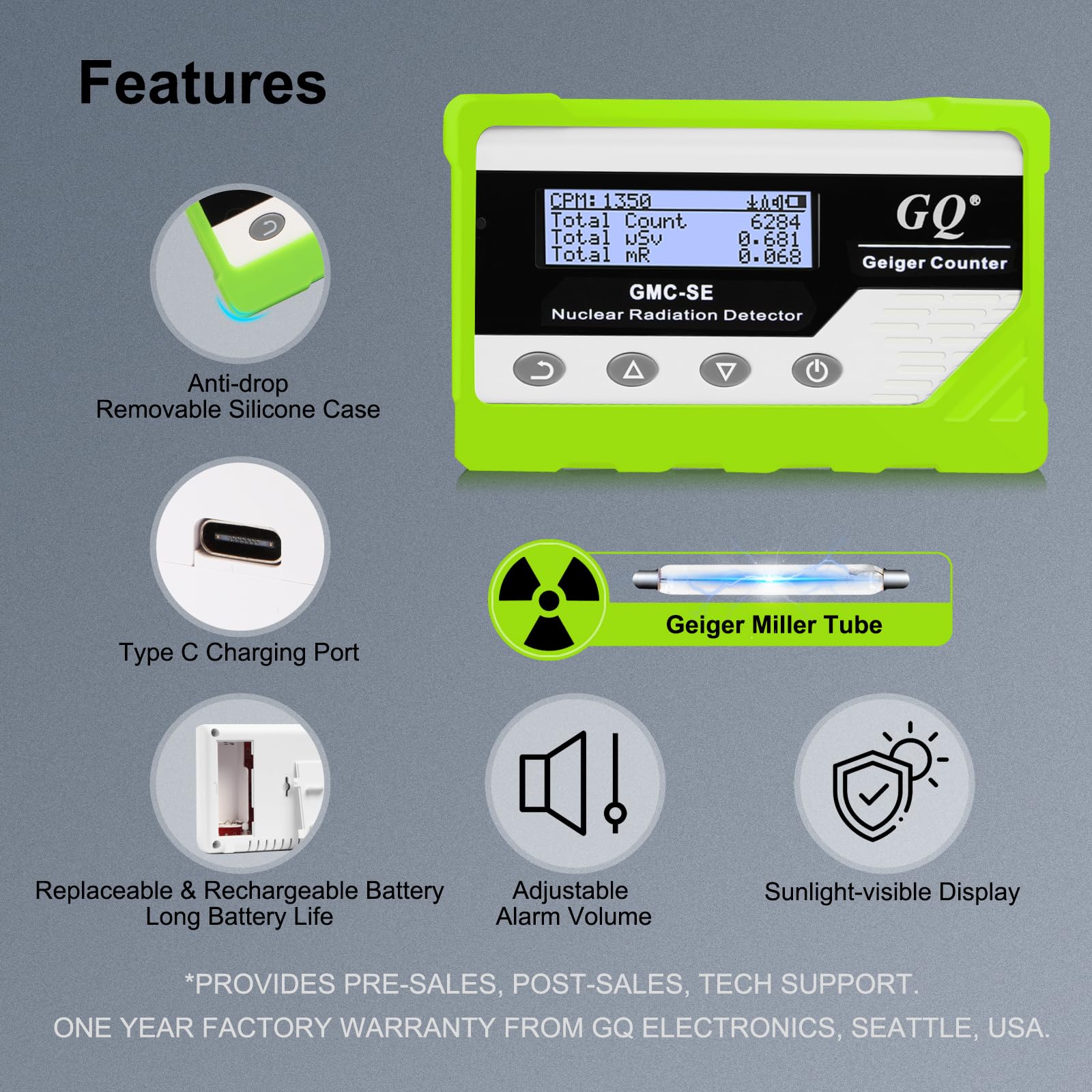 GQ GMC-SE Geiger - Detector de radiación con contador de rayos X beta gamma, medidor de radiación portátil, dosímetro digital de radiación nuclear, dispositivo de grabación automática de datos, funda