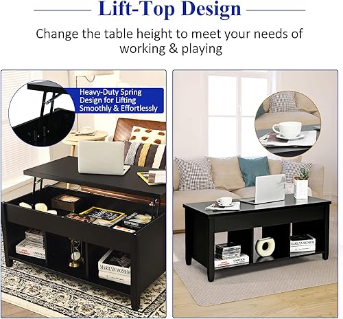 Miniatura 6 de COSTWAY Mesa auxiliar elevable, con compartimento de almacenamiento oculto y 3 estantes abiertos, mesa de té rectangular de cóctel con patas de