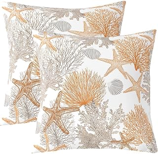 Nautical Coastal Cushion Case 24 x 24-Inch Set of 2 Beach Ocean Theme Throw Pillow Covers For Boys Girls Bedroom Decor Summer Tropical Seashell Starfish Coral Decor Pillowcase Yellow Gray Microfiber