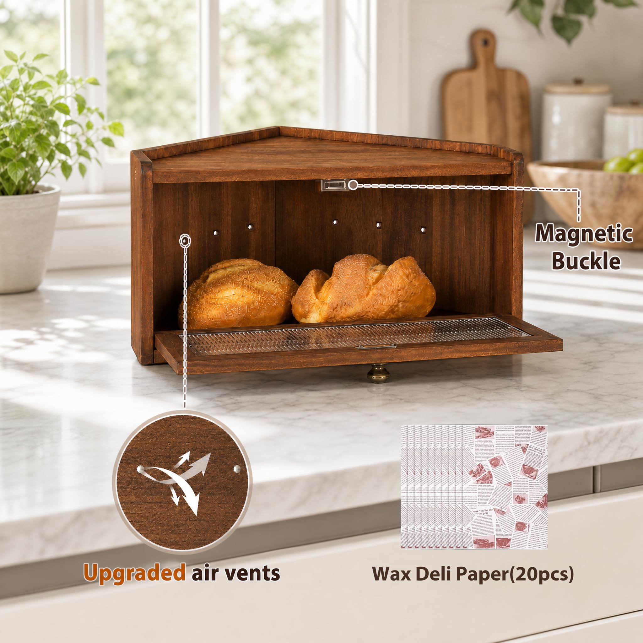 Sunhoo Caja de pan para encimera de cocina, caja de pan de esquina de madera, contenedor de almacenamiento de alimentos, contenedor de almacenamiento de alimentos, rústico, casero, pan, fresco