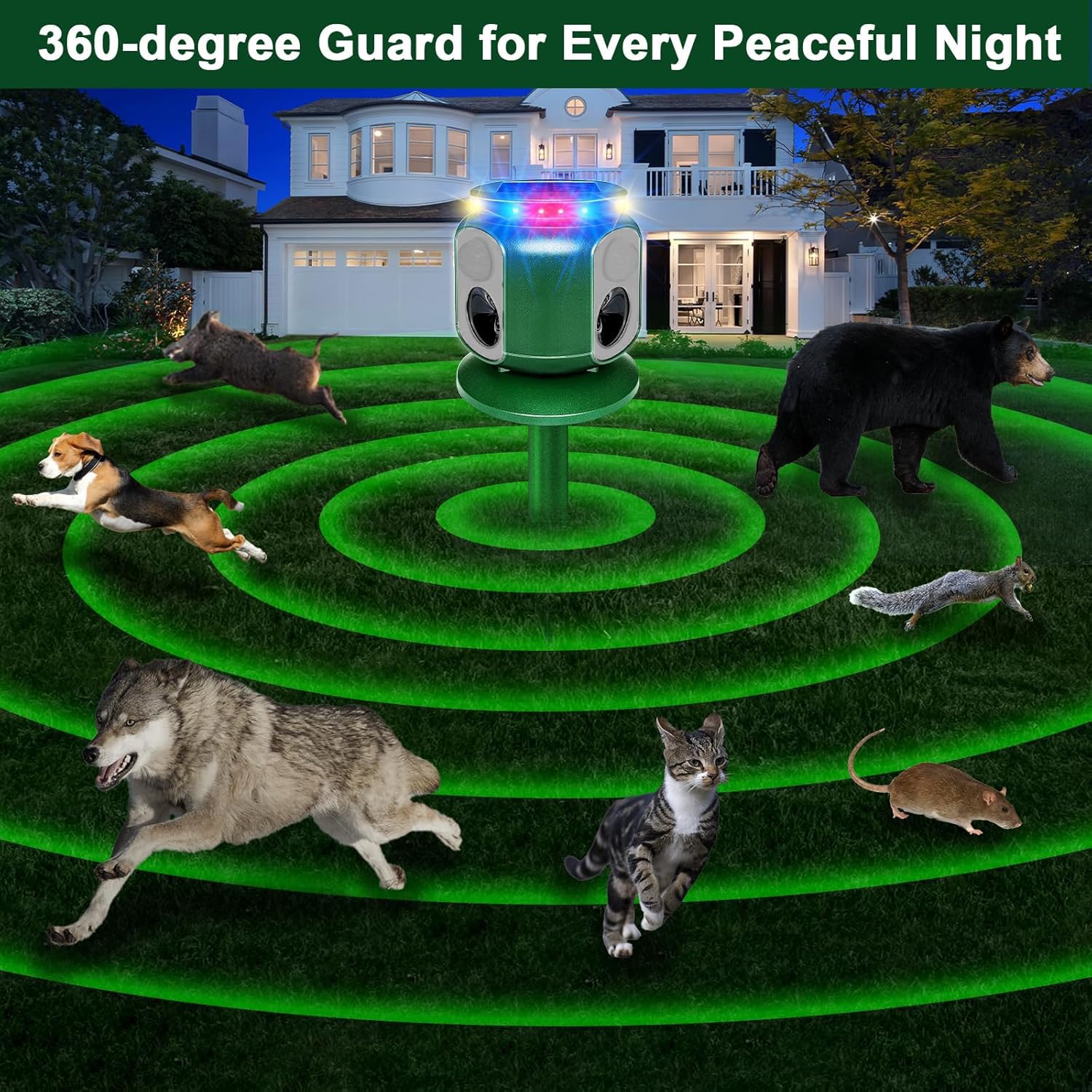 2X Repelente Solar ultrasónico de Animales con Sensor de Movimiento PIR 360°, con Doble Sistema de Carga, protección Exterior para Jardines, Patios y Granjas