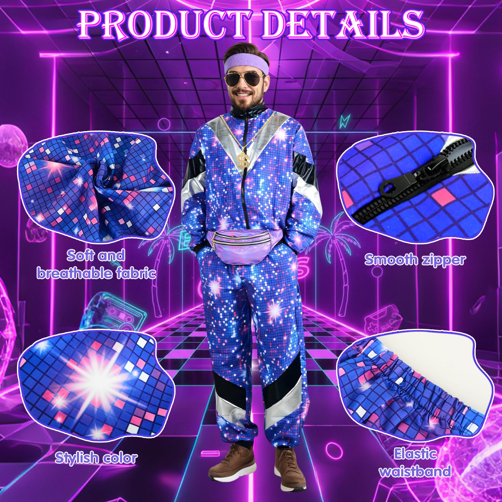 Déguisement Année 80 Homme Femme Costume Années 80 Survêtement Rétro Avec Veste Et Pantalon, Déguisement Année 80 90 Accessoire Deguisement Disco pour Carnaval, Soirée Deguise, Jogging
