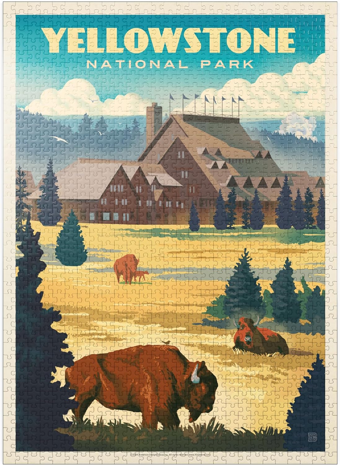 MyPuzzle Yellowstone National Park: Old Faithful Inn Bisons, Vintage Poster - Premium 1000 Piece Jigsaw Puzzle for Adults
