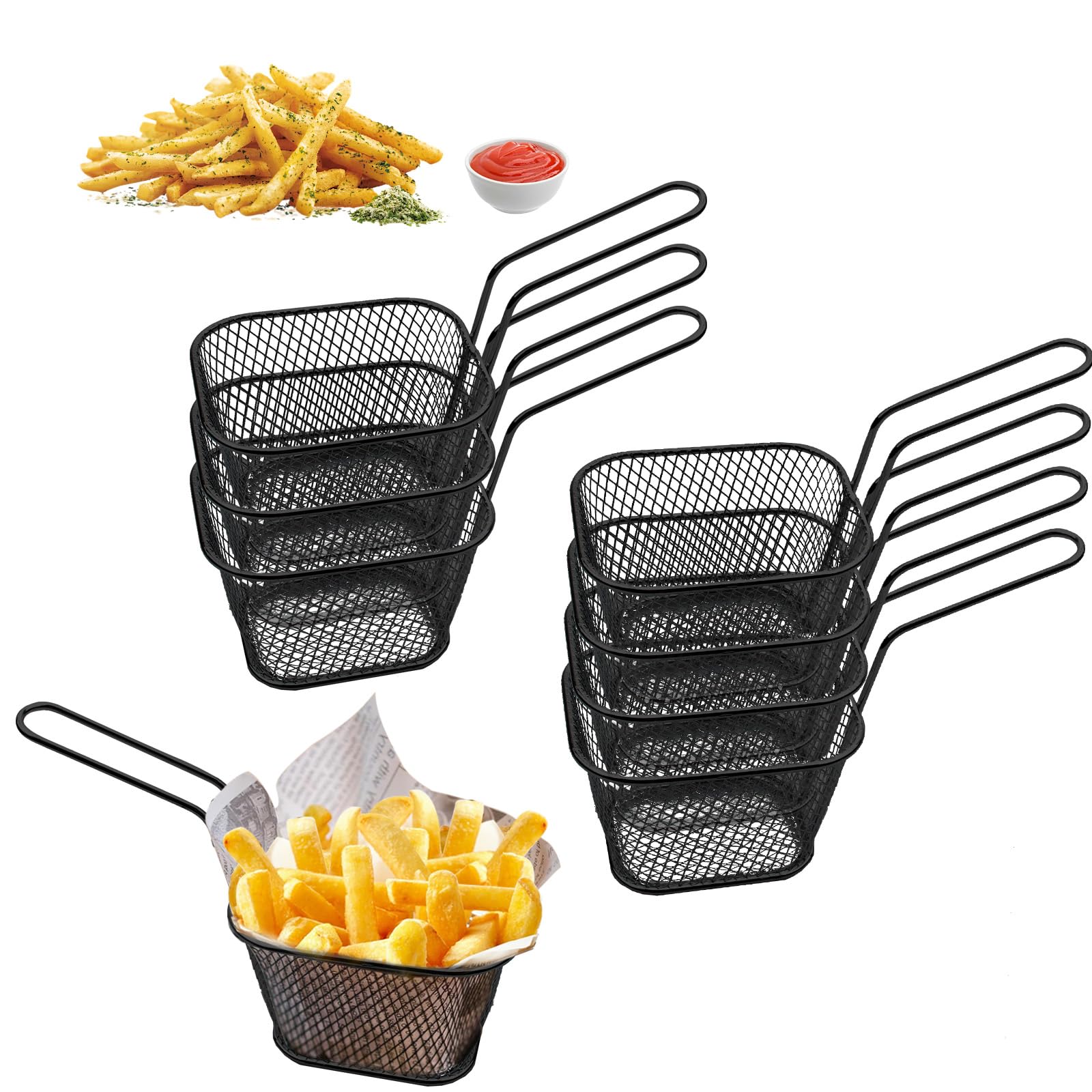 Set of 8 Frying Baskets, Small Black Serving Baskets, Stainless Steel for Chips, Mini Chips Baskets, Fryer Basket for Serving for French Fries, Shrimp, Onion Rings