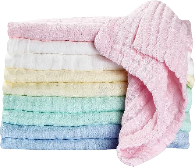 Baby Muslin Squares Washcloths Baby Essentials for Newborn Muslin Cloths for Baby Towels Reusable Muslin Clothes Baby Wash Cloth Face Shower Bath Towel for Newborn Baby Gift 10 Pack (25x25cm) Koo-dib