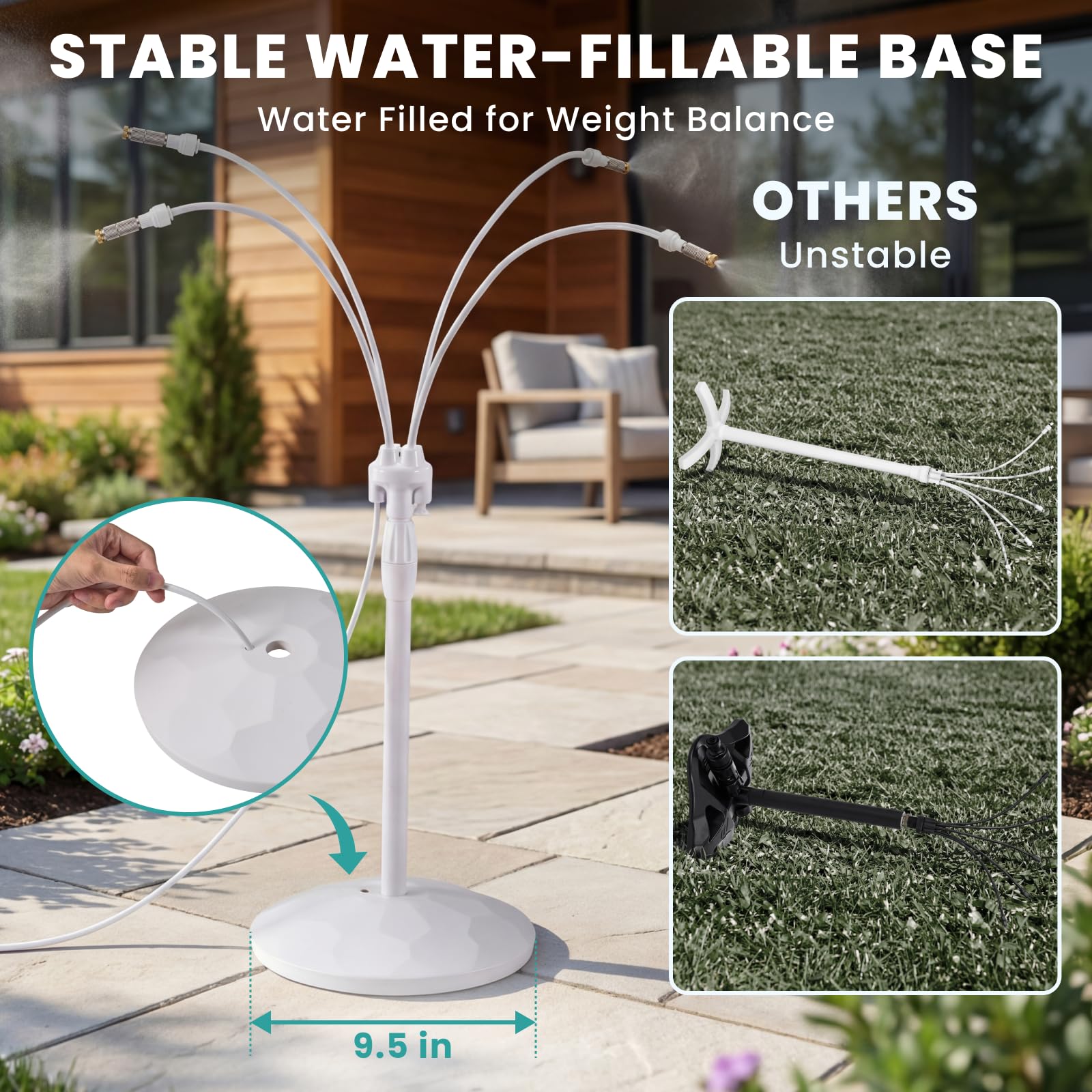 HIRALIY Brumisateur Extérieur sur Pied, Base à Remplir Réglable 60-97cm, Système de Refroidissement pour Terrasse Jardin Piscine Animaux, Tuyau 8m, Blanc