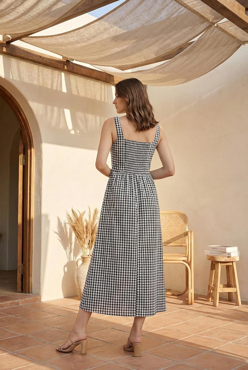 Women's Casual Sleeveless Midi Cotton Gingham Dress with Pockets - Image 3