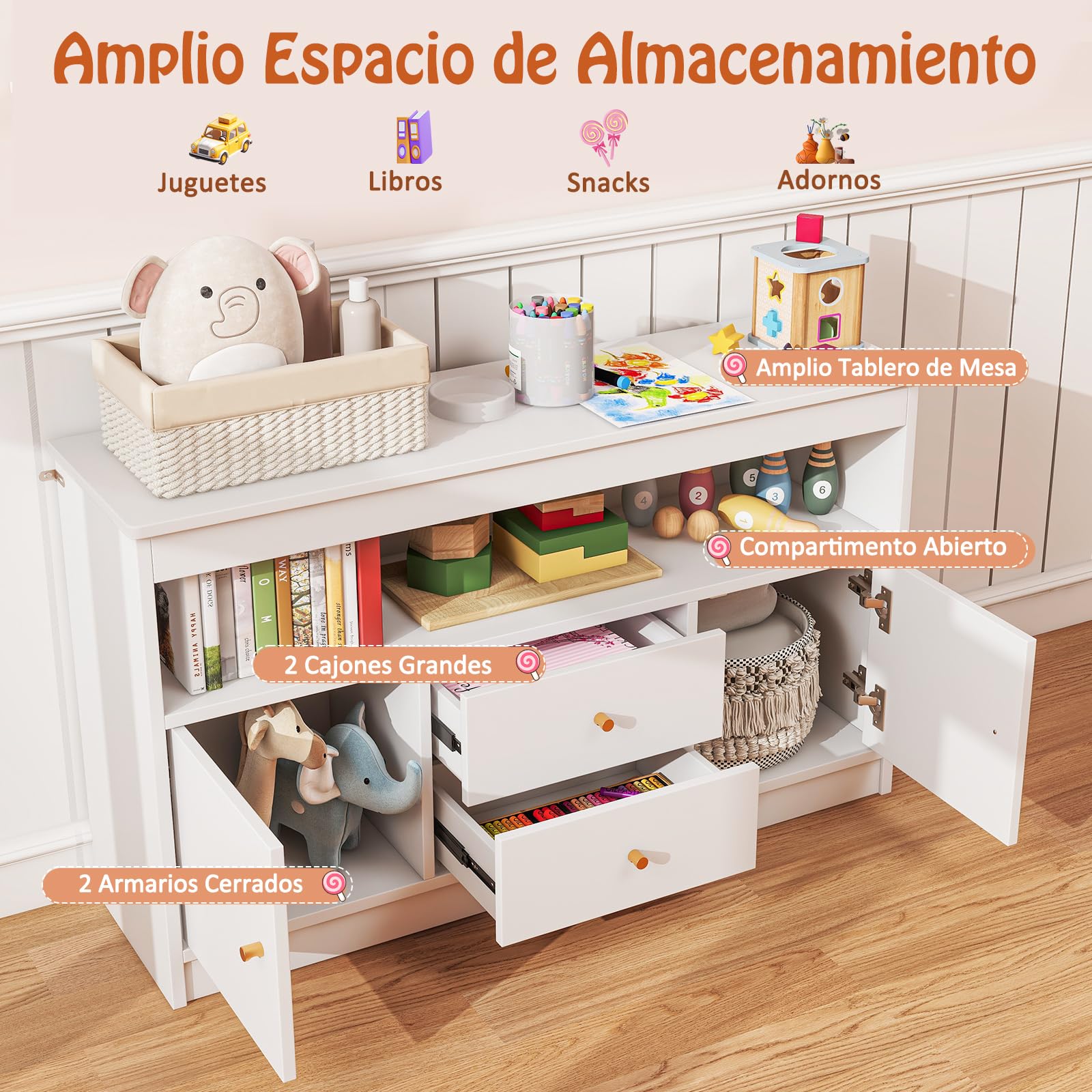 GOPLUS Organizador de Almacenamiento de Juguetes para Niños, Estantería con 2 Cajones, 2 Gabinetes Cerrados y 1 Compartimento Abierto, Mueble de Madera para Sala de Juegos (Blanco)