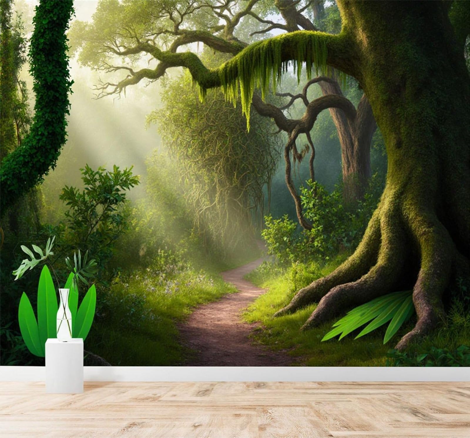Xlming 250Cm×170Cm(B×H) Sunlight Old Trees Fresh Green Forest Path 3D Wallpaper Premium Textured Silk Study Dining Living Room Bedroom Sofa Tv Wall Easy Install-250Cm×170Cm