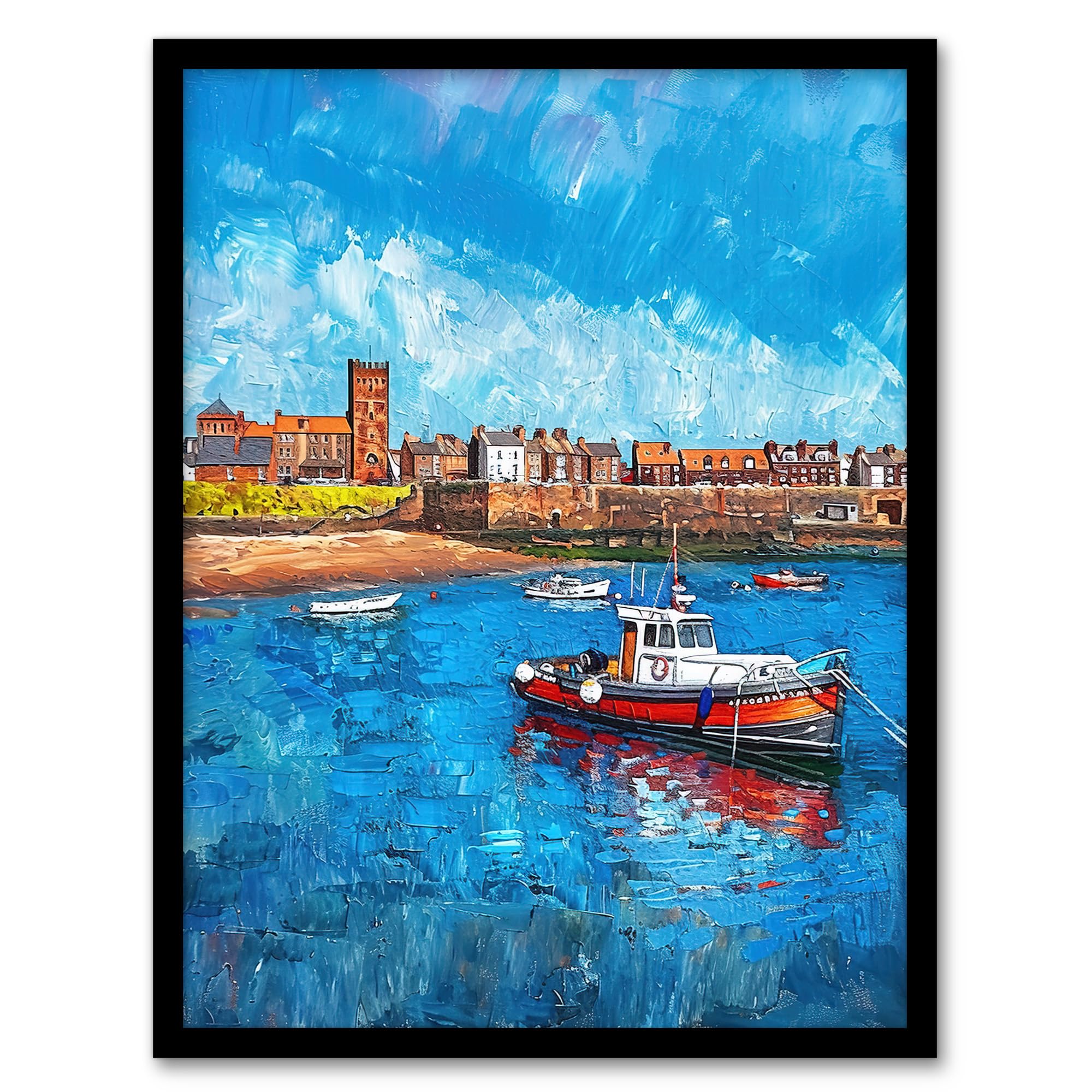 Artery8 North England Coastal Town Fishing Boats Painting Living Room Artwork Framed Wall Art Print A4