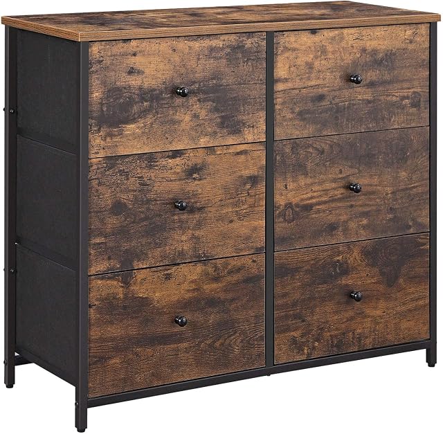 SONGMICS Chest of Drawers, 6 Fabric Drawers with Metal Frame, Storage Organiser Unit with Wooden Front and Top, Industrial Dresser, for Nursery, Bedroom, Hallway, Rustic Brown and Black LGS23H