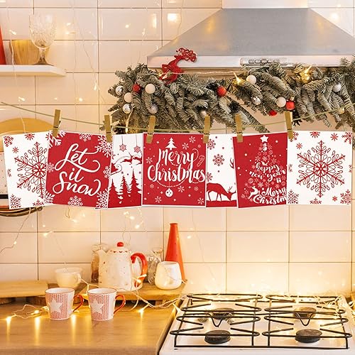 Miniatura 7 de Whaline 6 paños de cocina suecos de Navidad rojo y blanco árbol de Navidad copo de nieve reno de cocina toalla de cocina de algodón reutilizable