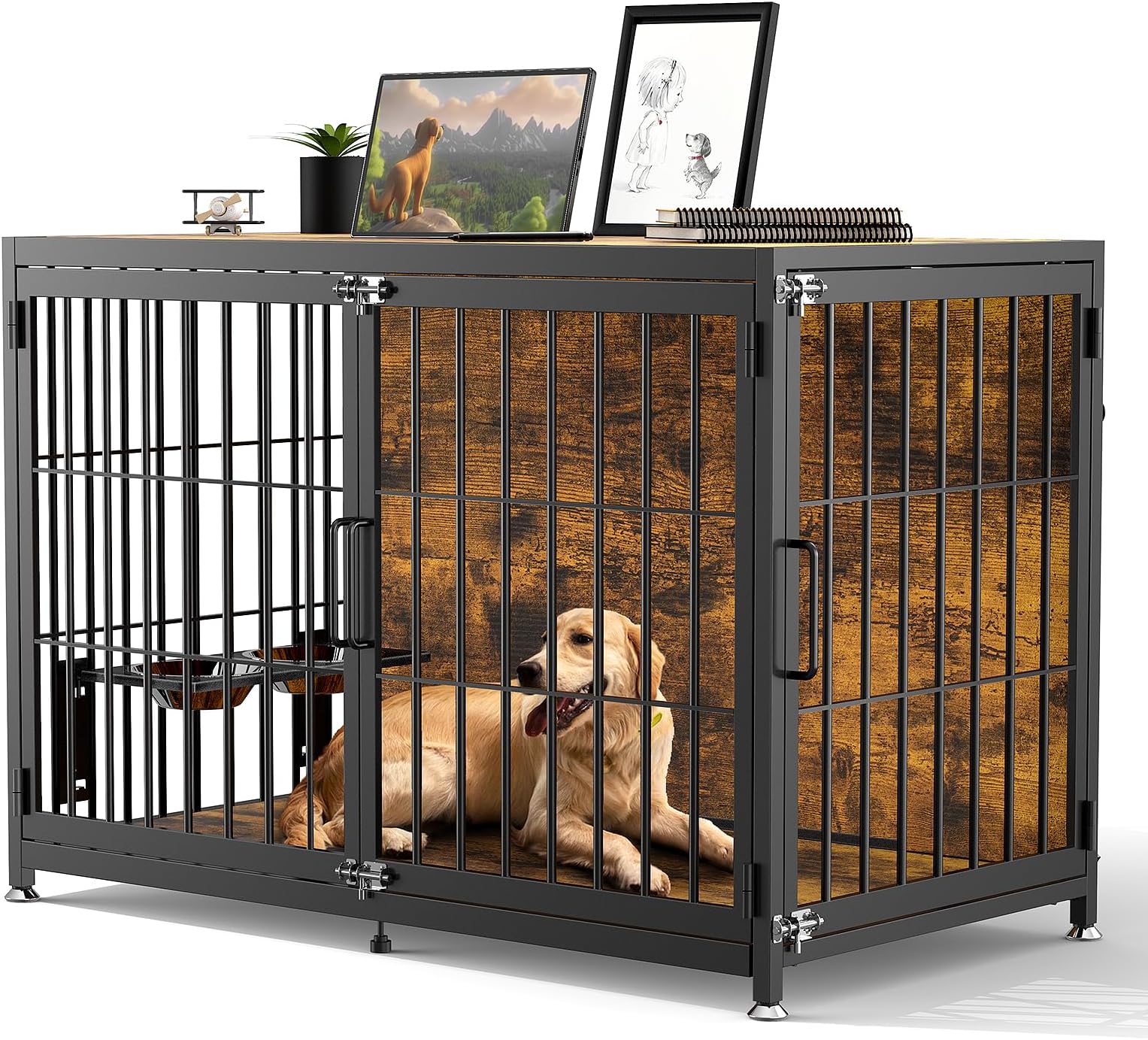 KZD 40 Inch Dog Crate Furniture with Bowls and Double Doors