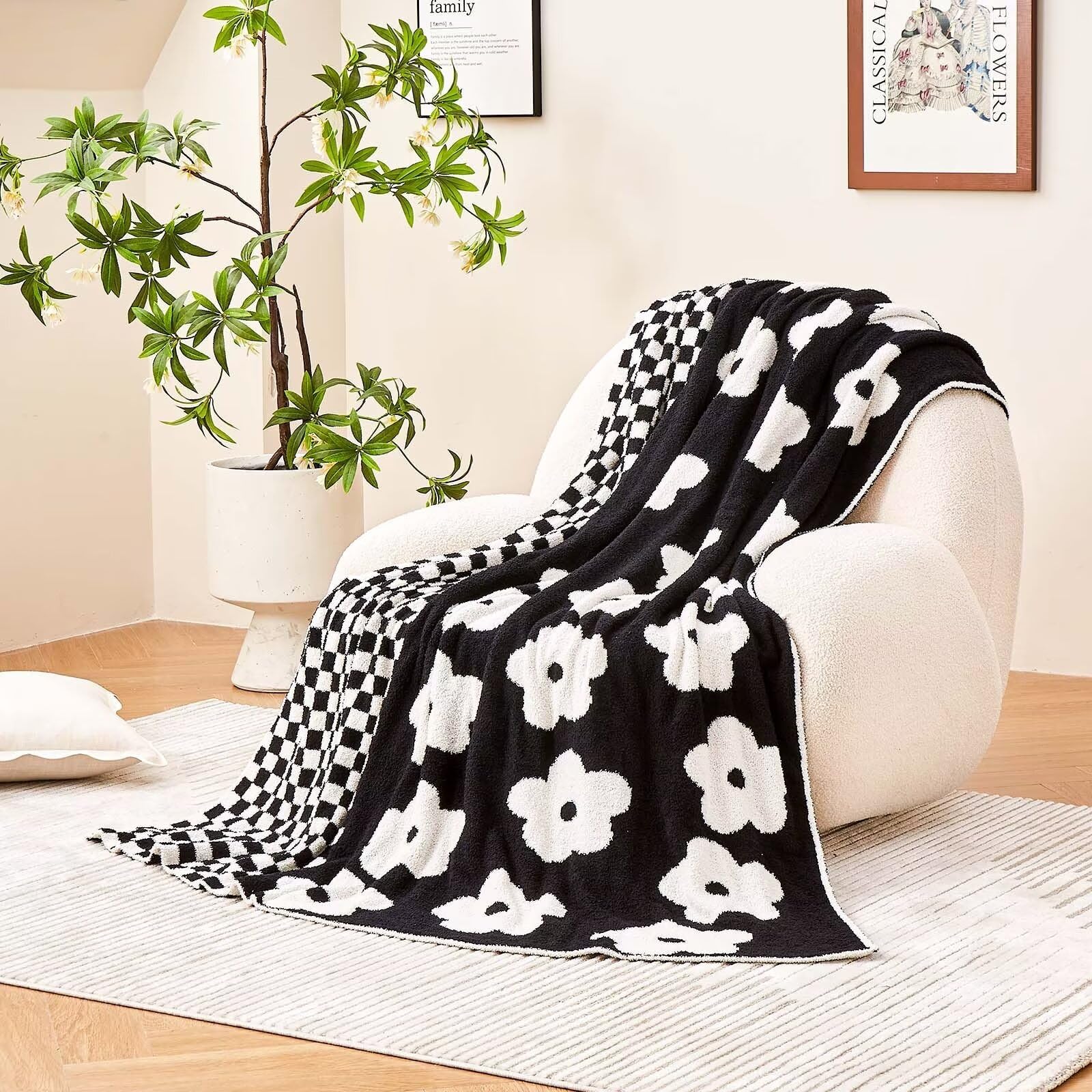 XIBLC Checkered Throw Blanket, Black Super Soft Knit Breathable Throw Blanket, Cozy Fluffy Reversible Checkerboard Flower Fuzzy Blanket for Couch Sofa