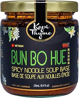 Kopi Thyme Bun Bo Hue Spicy Noodle Soup Base. Traditional Vietnamese Pho Soup Base. Create Easy Meals at Home. Vegan, Gluten Free, Nut Free, Dairy Free, Soy Free, Plant Based. Made In Canada. 250ml (Pack Of 1)
